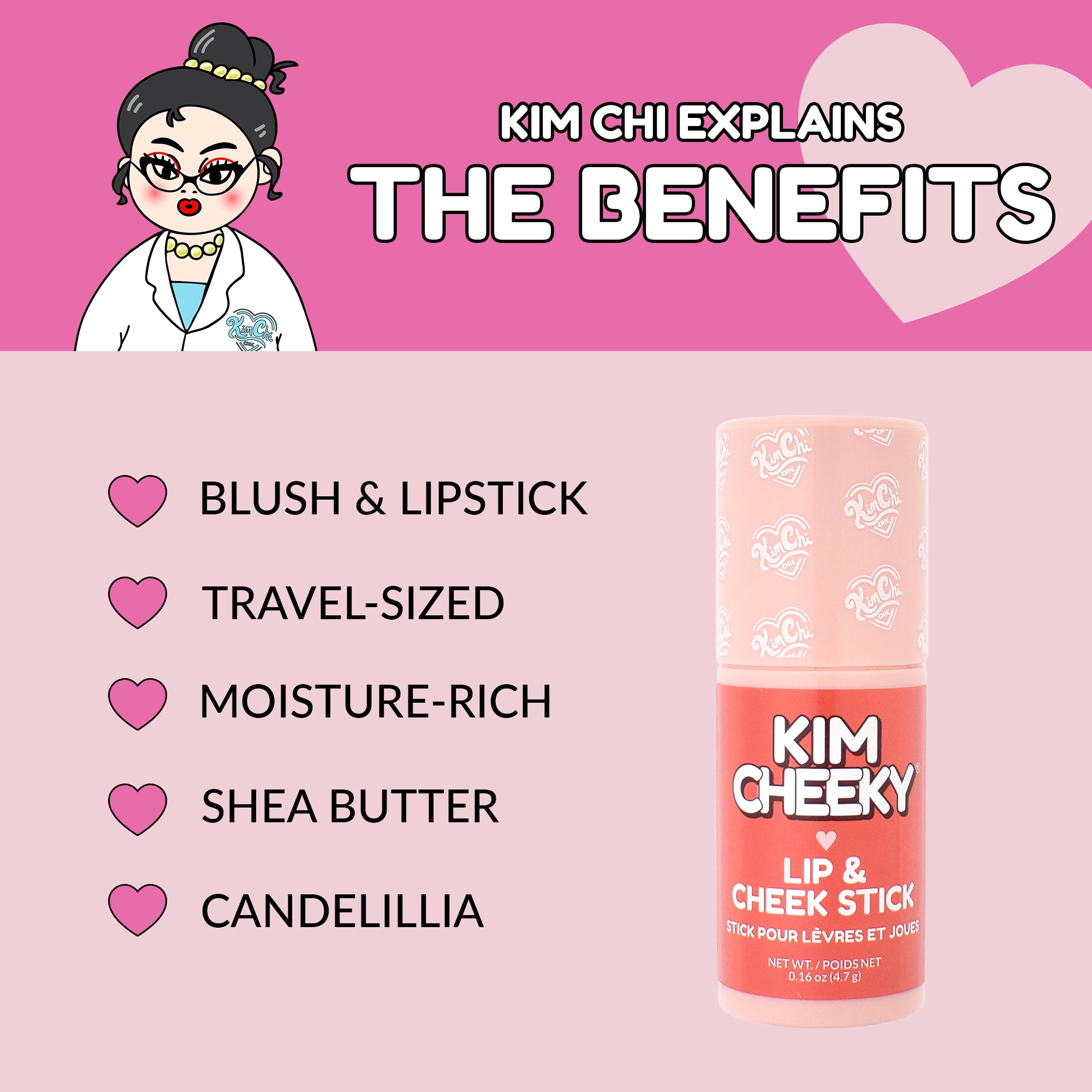 Graphic featuring Kim Chi explaining the benefits of a blush and lipstick product called 'Kim Cheeky' with a travel-sized, moisture-rich formula.