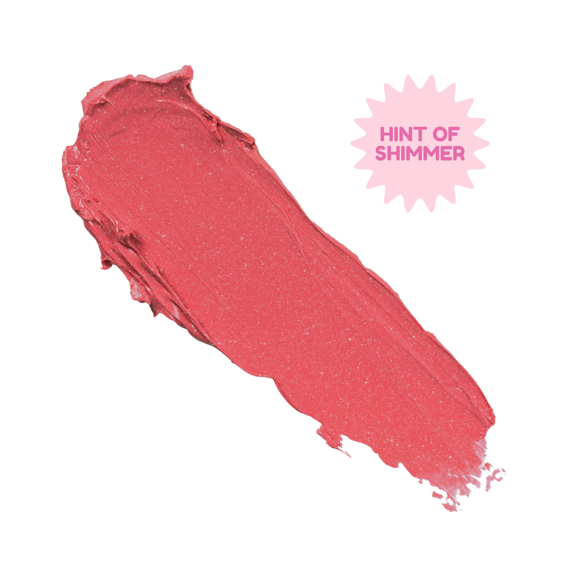 Swatch of pink lipstick with a shimmer finish