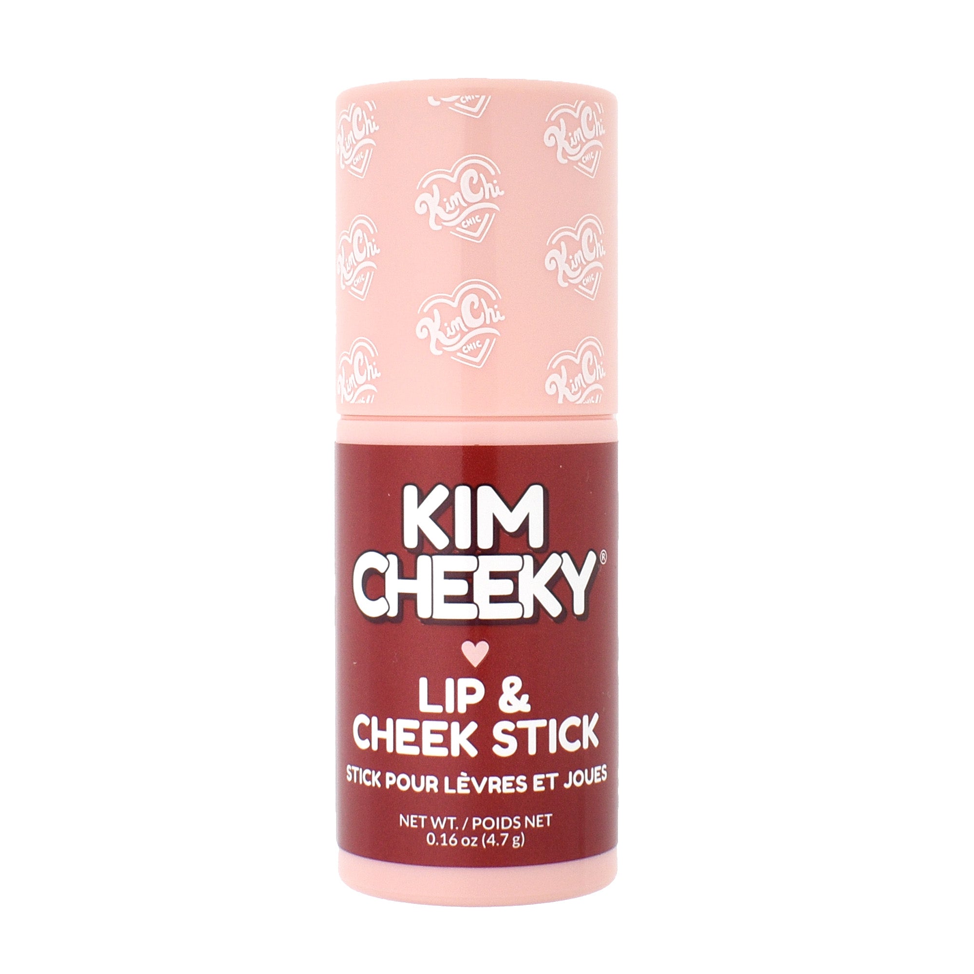 A pink lip and cheek stick labeled 'KIM CHEEKY' with decorative packaging.