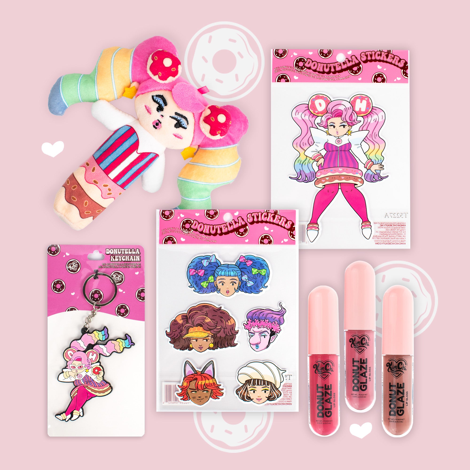 Colorful collection of cute toys, stickers, and lip glosses featuring a whimsical character design.