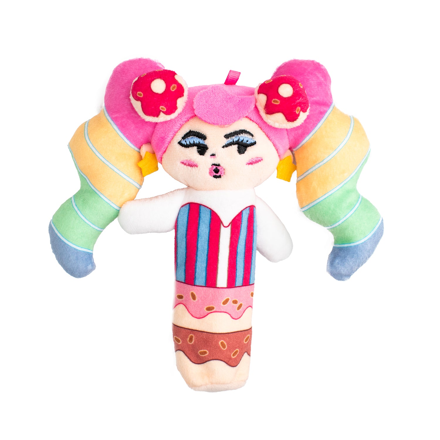 Colorful plush doll with playful hair and a whimsical outfit.