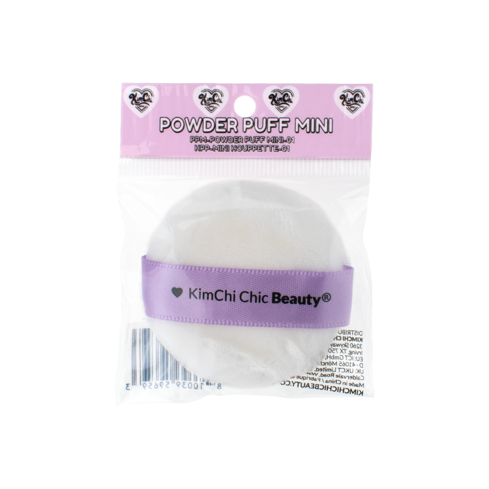 Mini powder puff in white with purple ribbon by KimChi Chic Beauty, perfect for applying makeup.