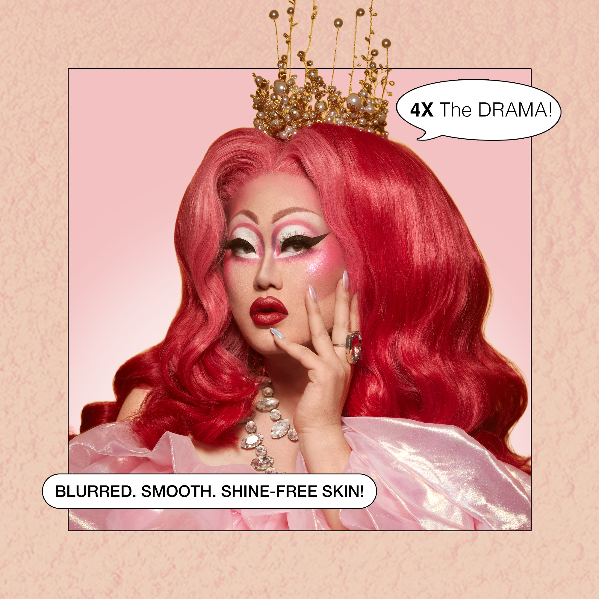 Dramatic drag makeup look featuring red hair and shiny accessories promoting a shine-free skin product.