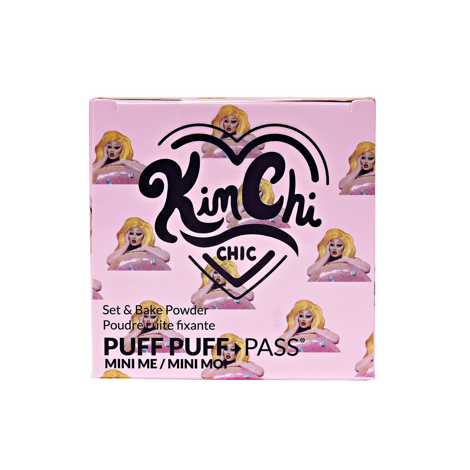 A pink packaged cosmetic product labeled 'Puff Puff Pass' by KimChi Chic, featuring illustrations of a blonde character.