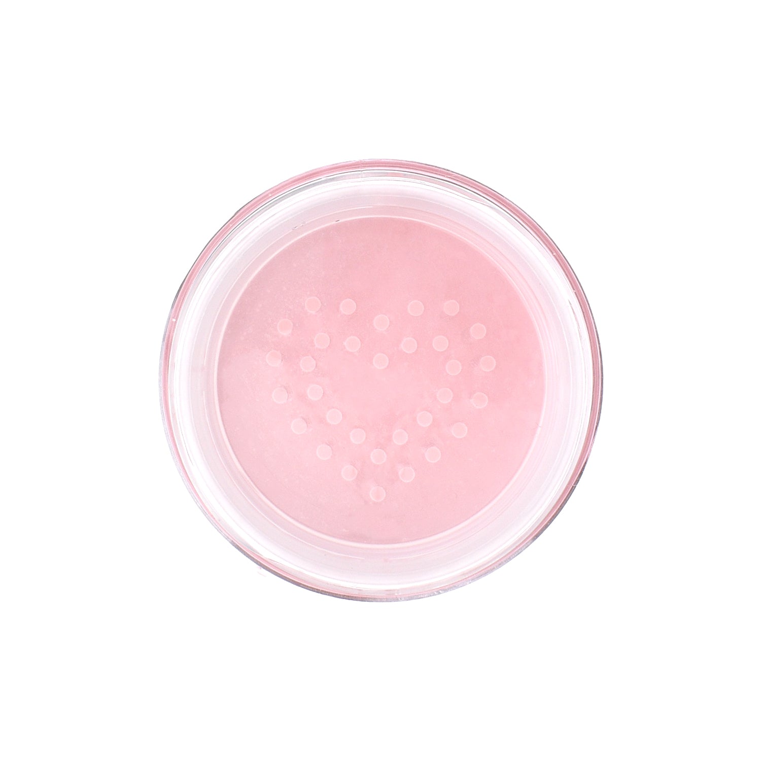 A round container with a smooth pink powder inside.