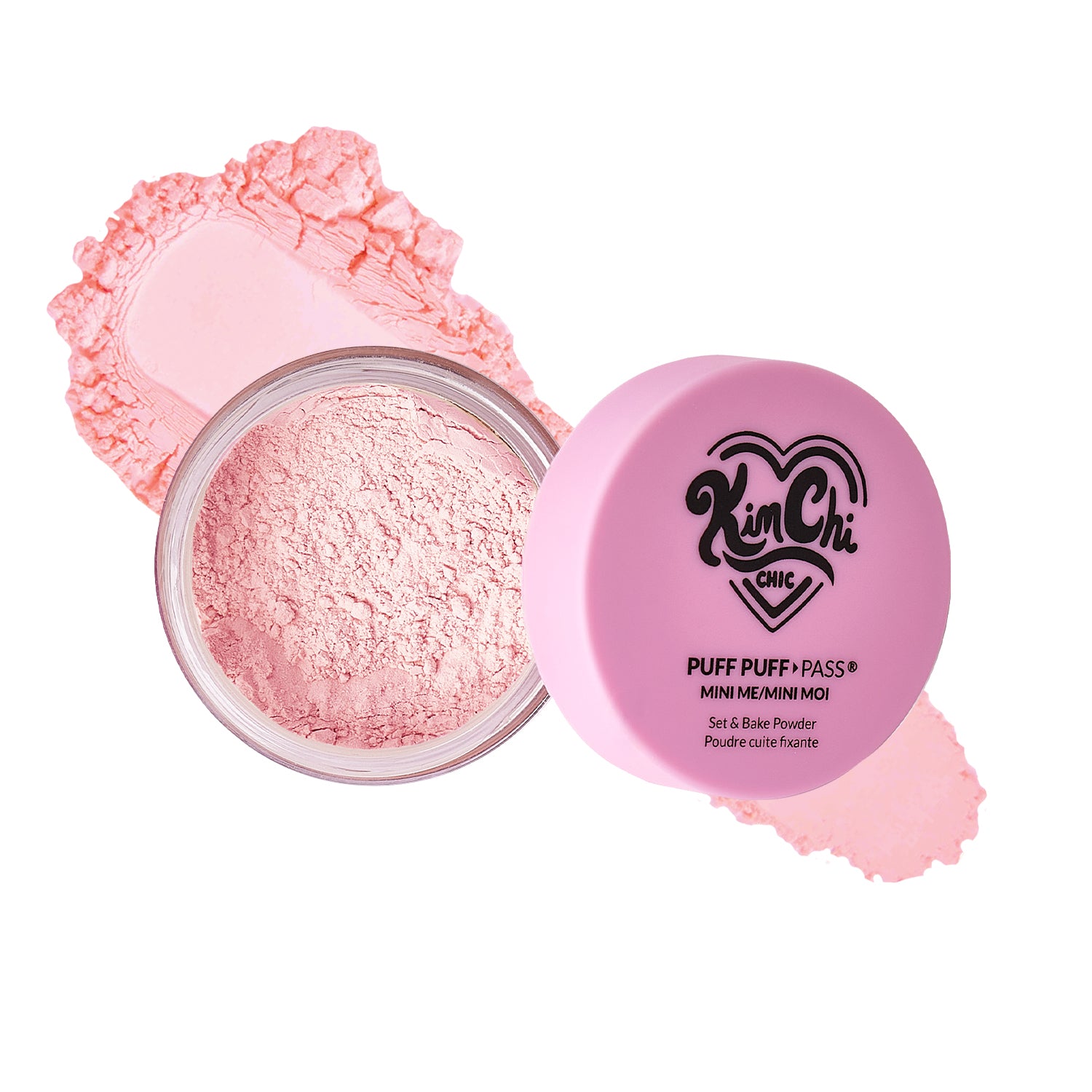 Container of pink cosmetic powder with a swatch of product beside it.