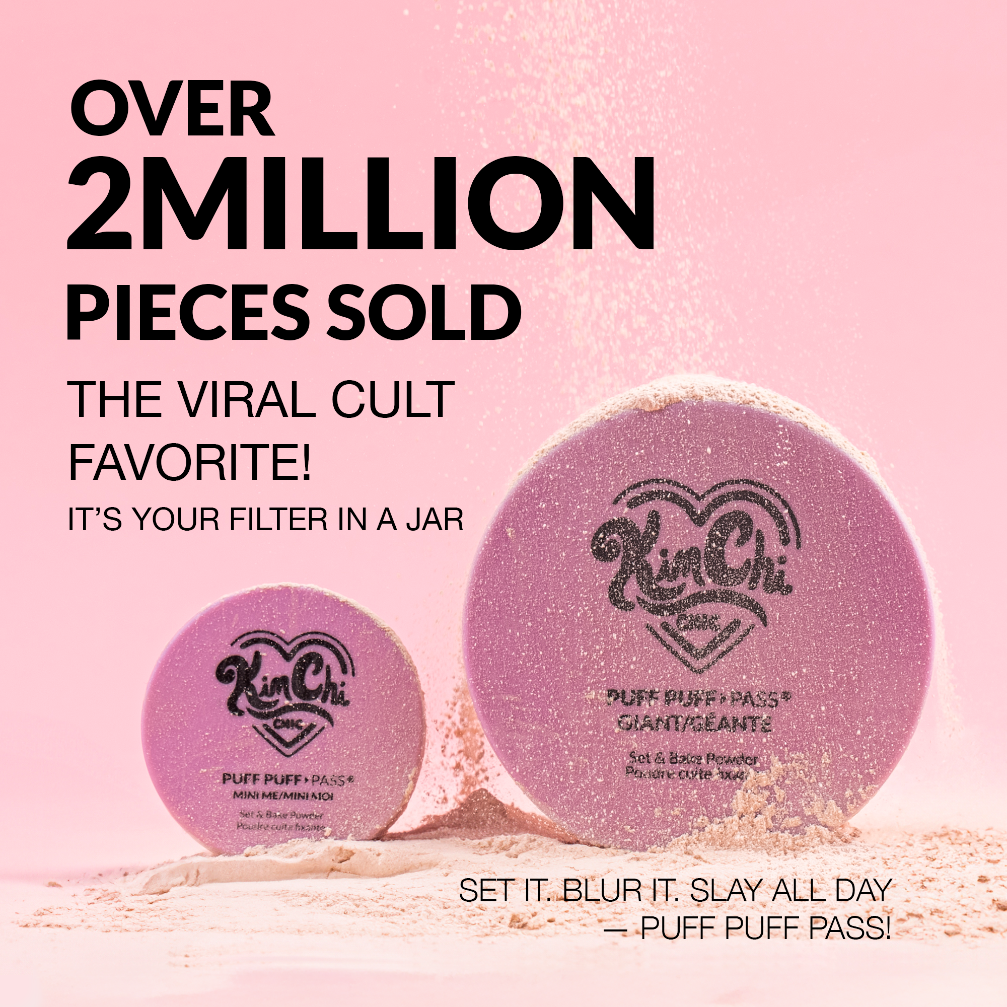 KimChi Puff Puff Pass setting powder in pink jars, perfect for blurring and setting makeup all day.