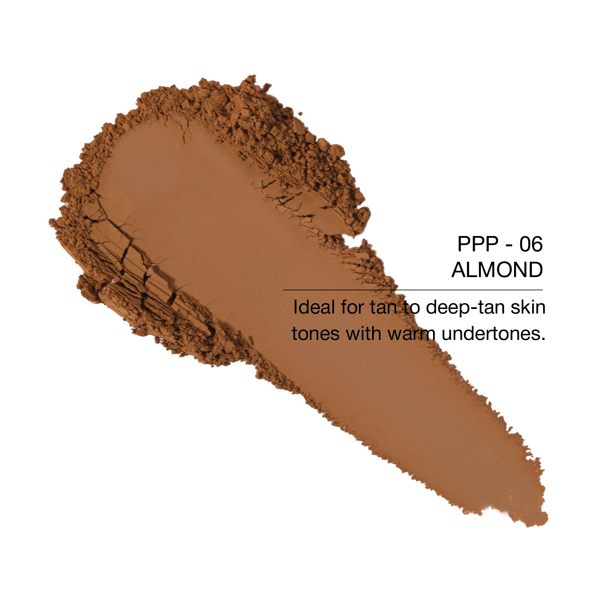 Almond powder foundation for tan to deep-tan skin tones with warm undertones.