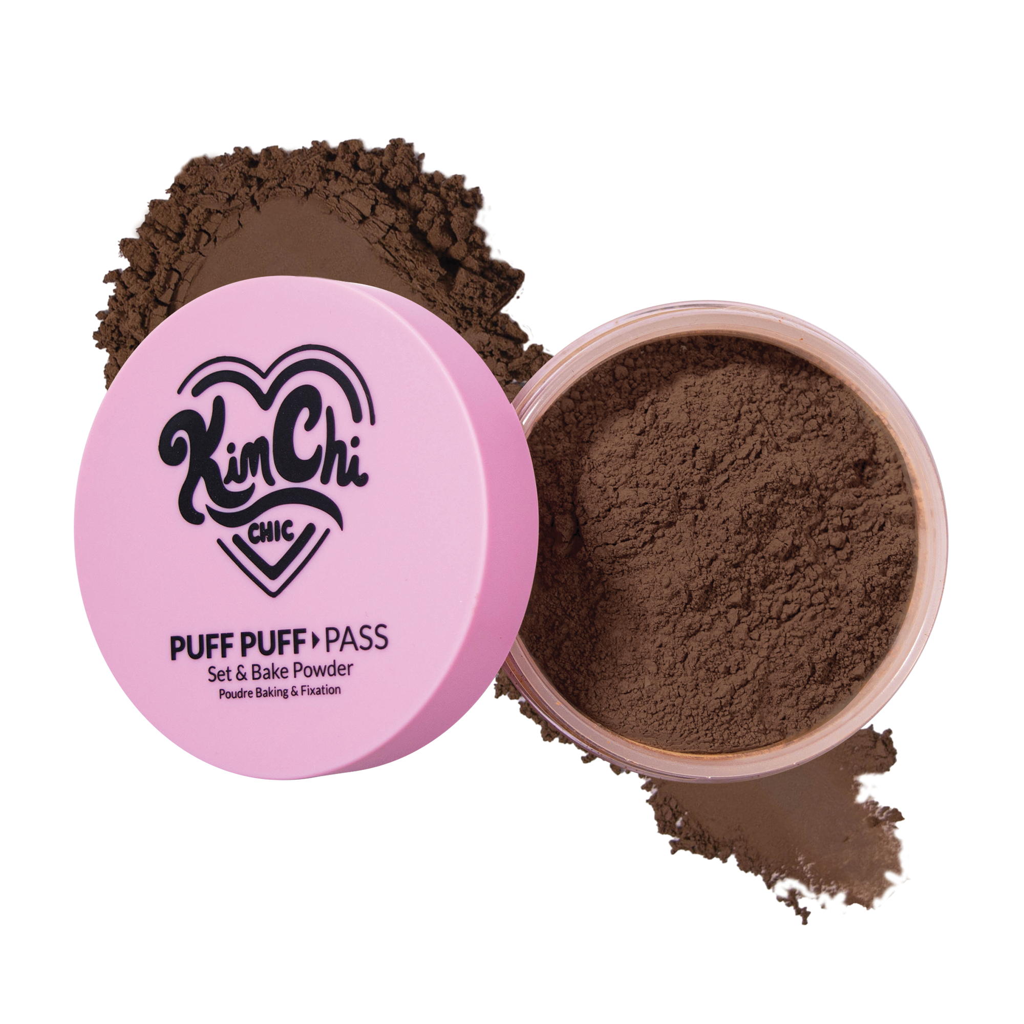 KimChi Chic Puff Puff Pass Set & Bake Powder in brown, featuring a pink container with powder inside.