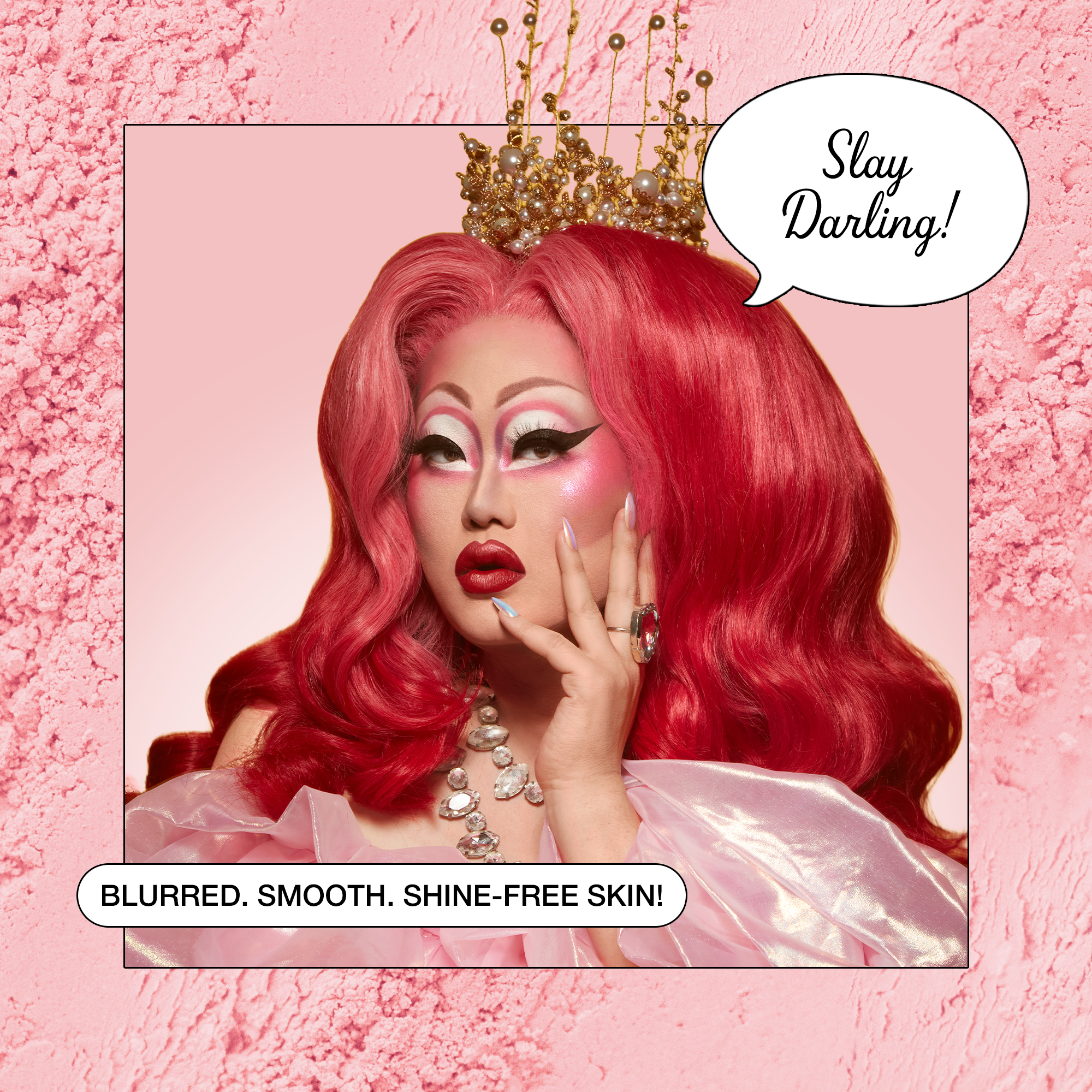 A glamorous drag queen with pink hair and makeup, showcasing flawless, shine-free skin.