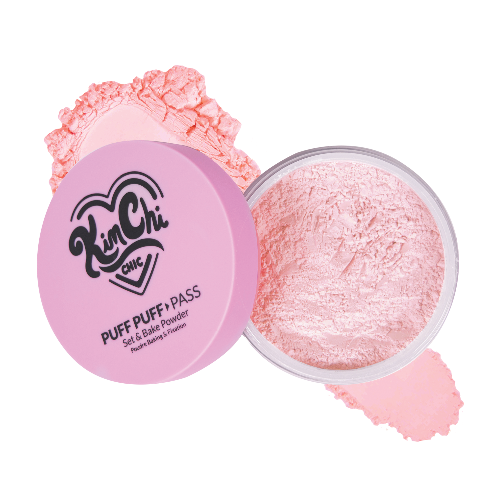 KinChi Puff Puff Pass pink setting powder for baking and fixation, packaged in a stylish container.