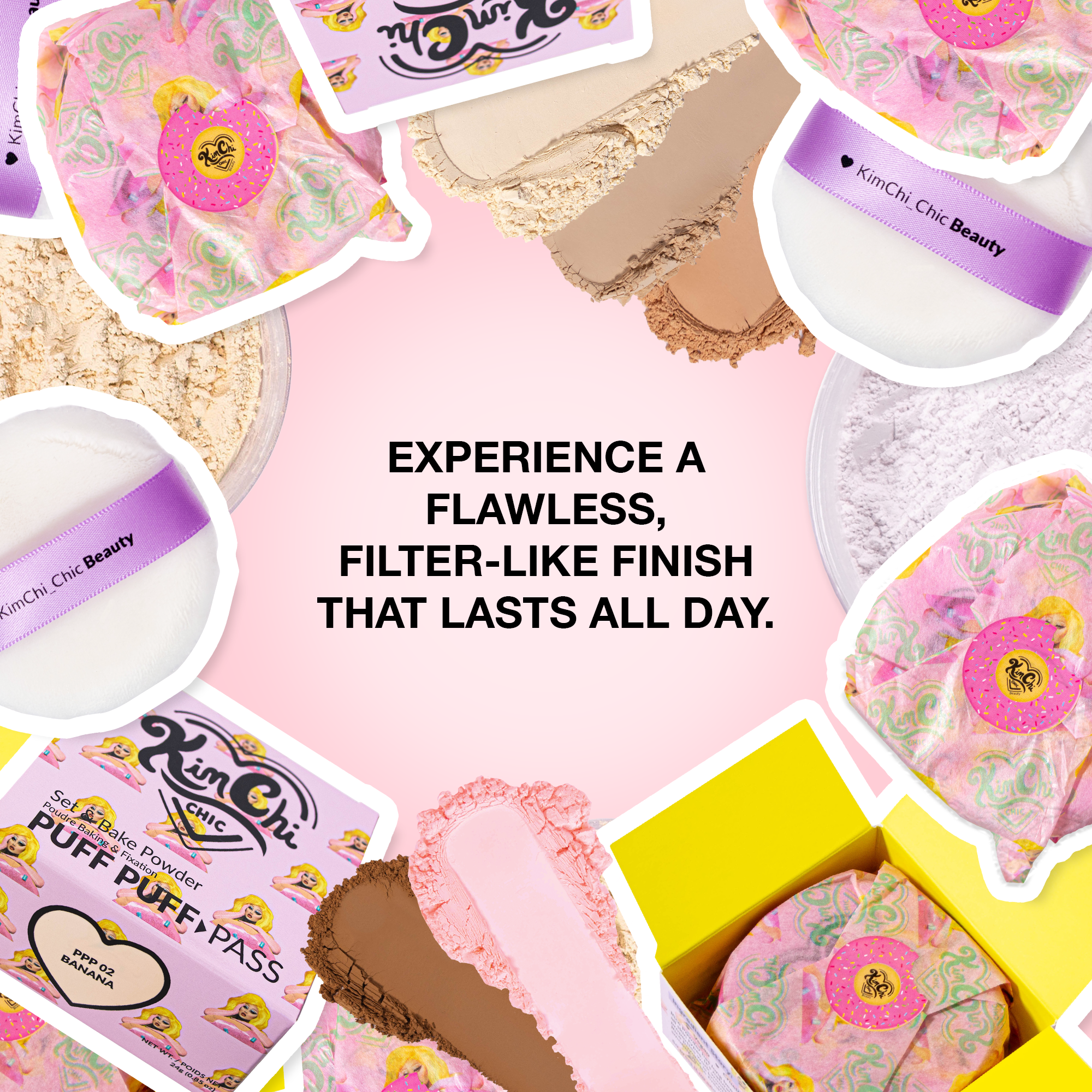 KimChi Chic Beauty Puff Puff Pass setting powder in Banana, lightweight formula for a flawless finish.