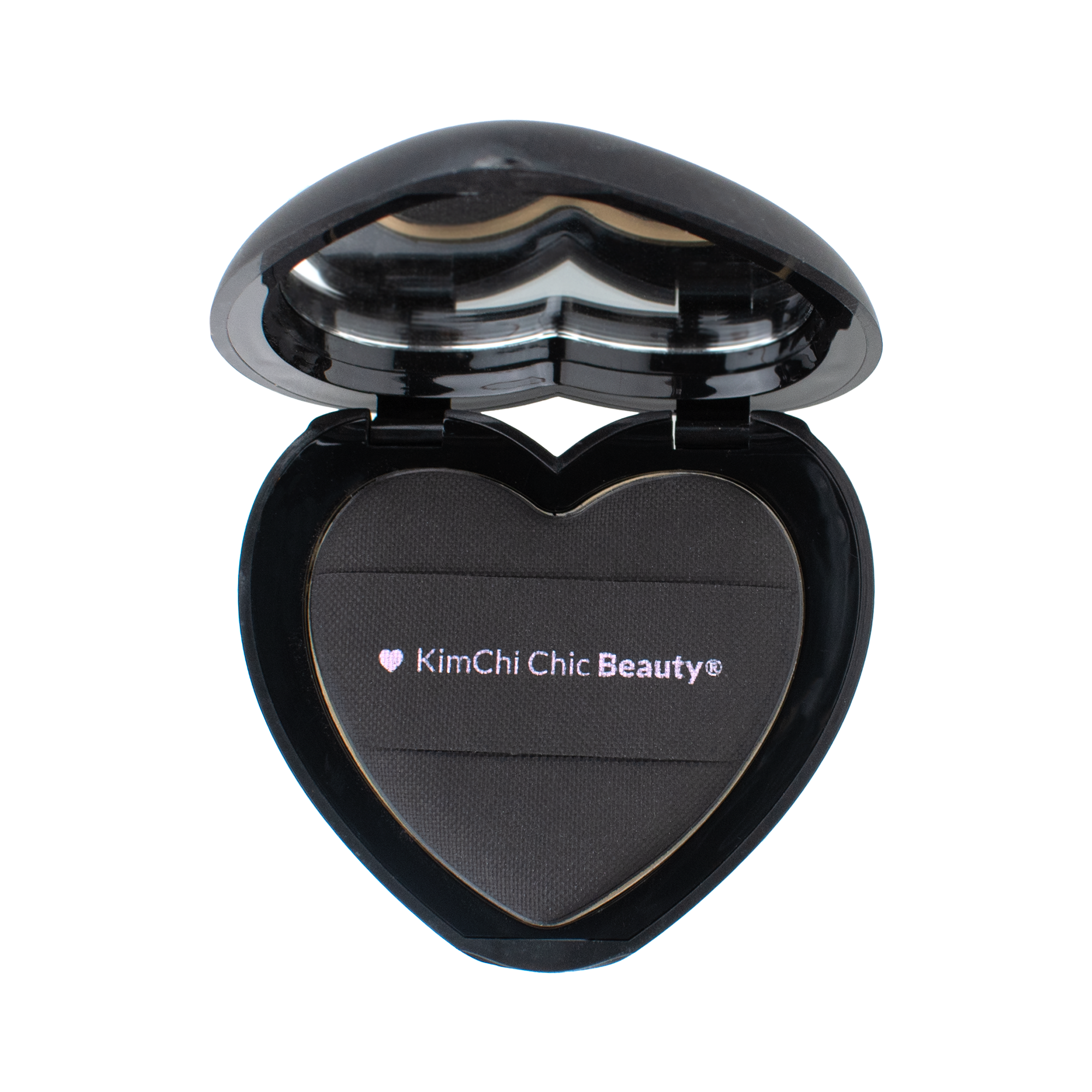 KimChi Chic Beauty heart-shaped compact with black eyeshadow shades for a bold makeup look.