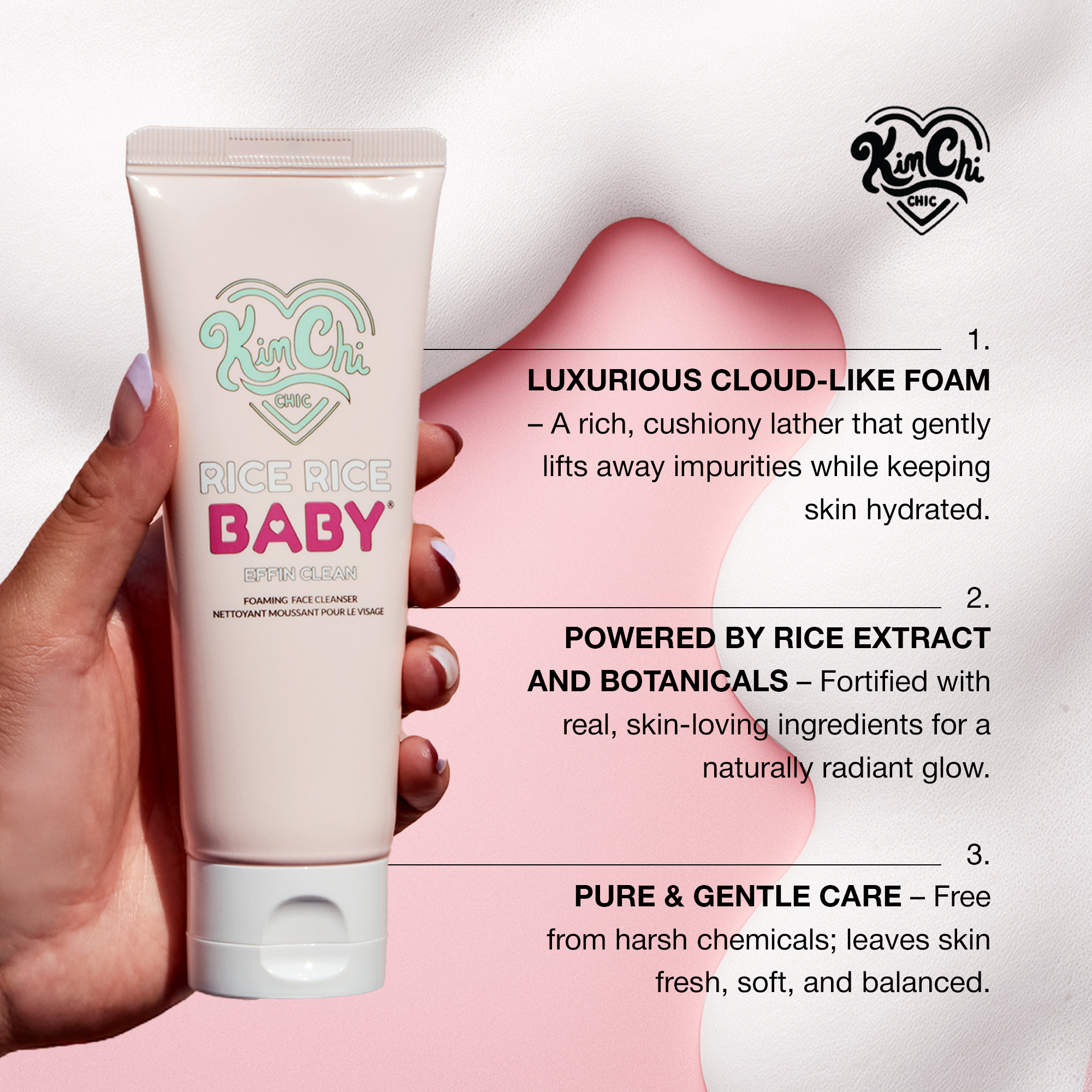 Kim Chi Rice Rice Baby foaming face cleanser, creamy foam, rice extract, gentle formula, 150ml tube.