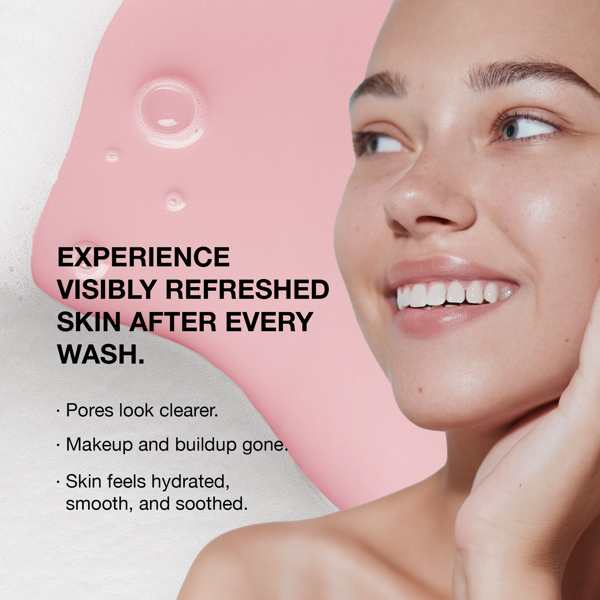 Refreshing skincare product for clear, hydrated skin, featuring a pink background and glowing complexion.