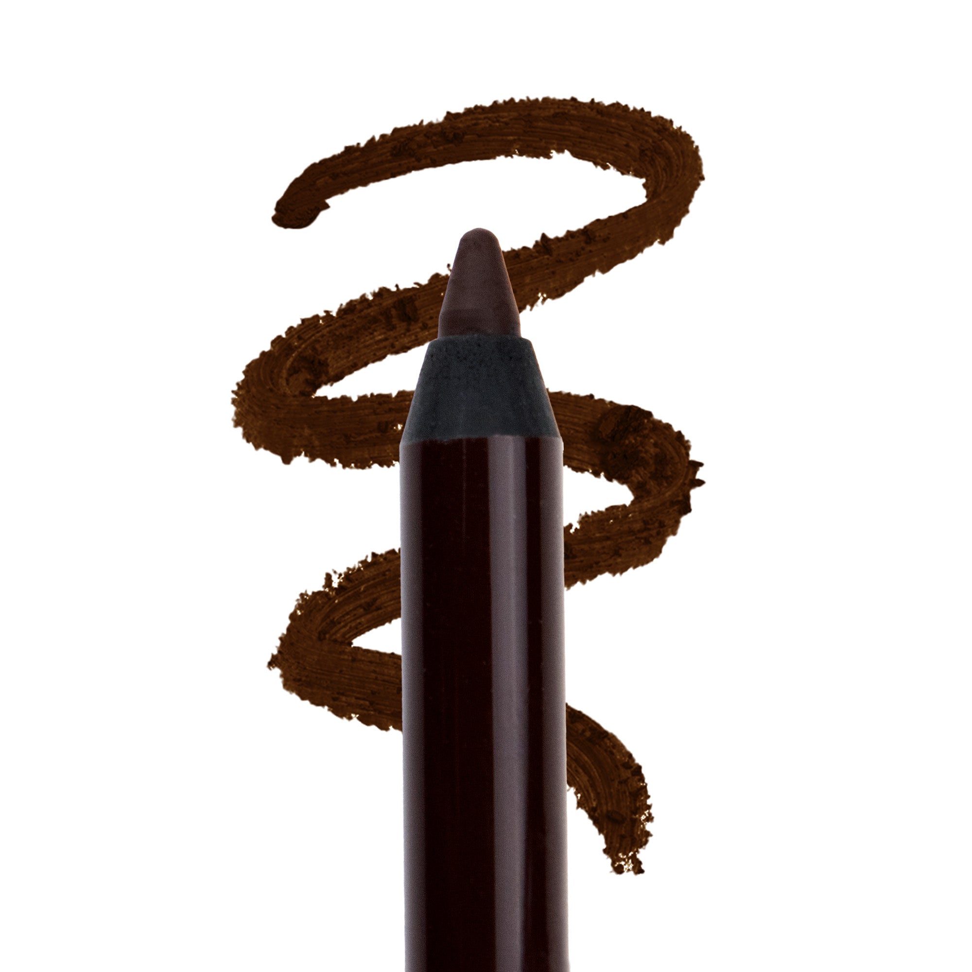 Brown lip pencil next to a brown swirl of color