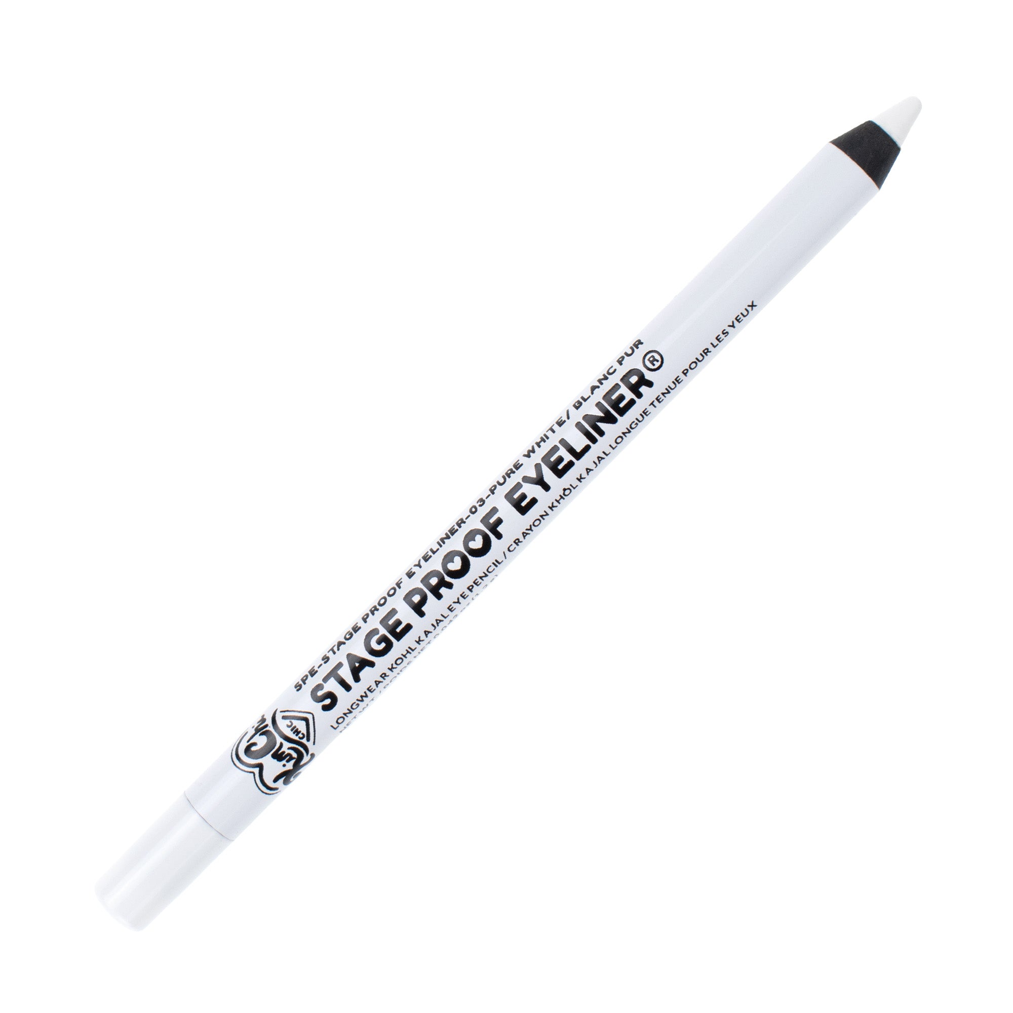 White eyeliner pencil labeled 'Stage Proof Eyeliner'.