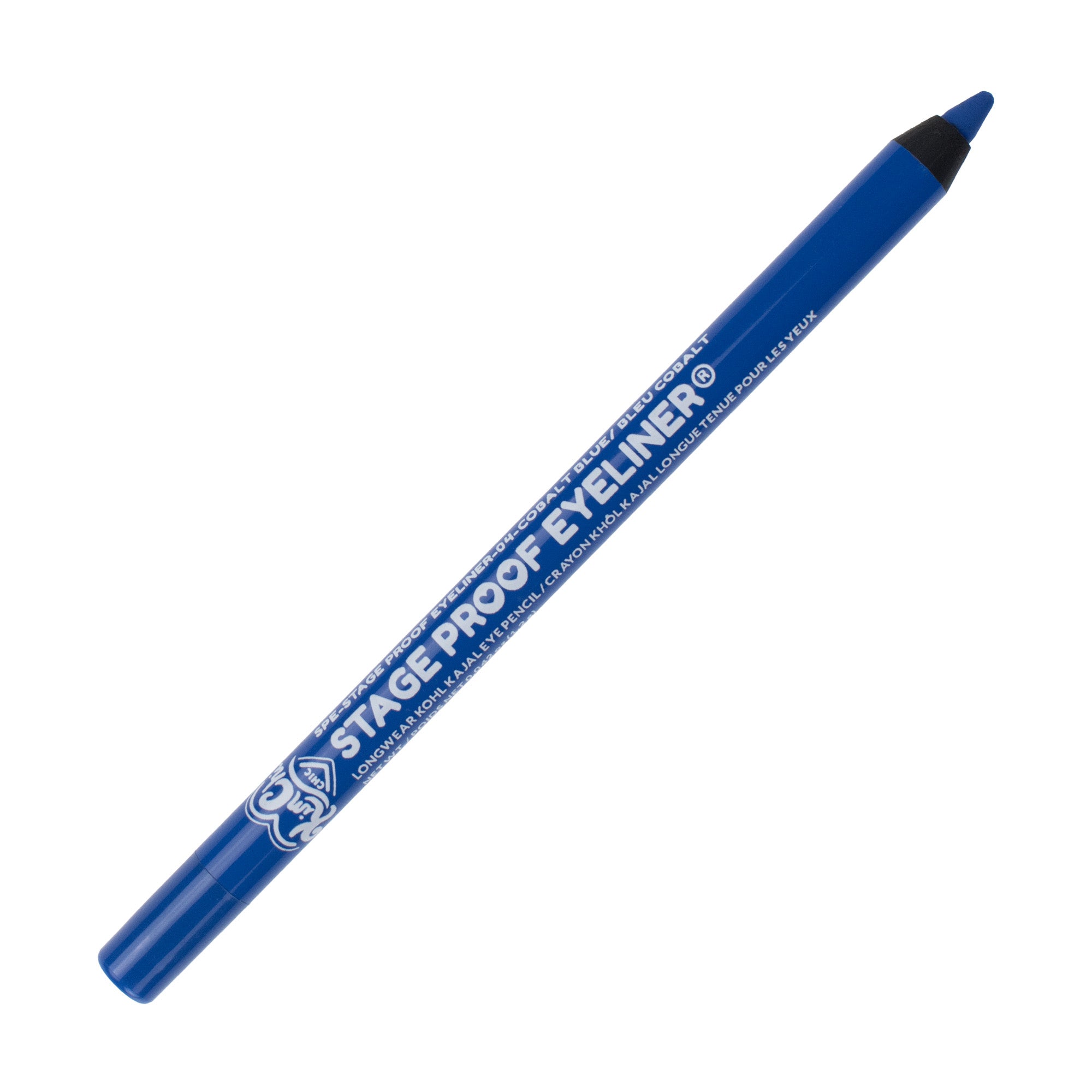 A blue stage proof eyeliner pencil with a black tip.