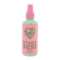 Kim Chi Stage Proof Matte Setting Spray, 3.5 fl oz, mint green and pink bottle, ensures long-lasting matte finish.