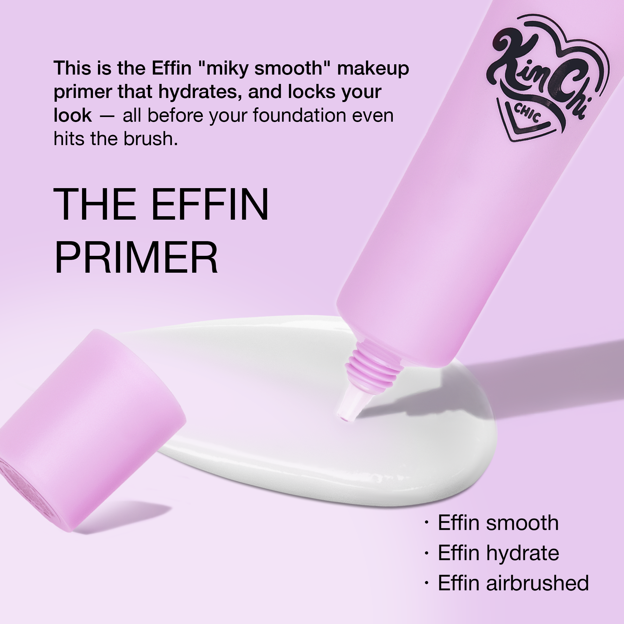 Effin makeup primer, milky smooth, hydrating, pastel pink bottle, locks makeup for a flawless finish.