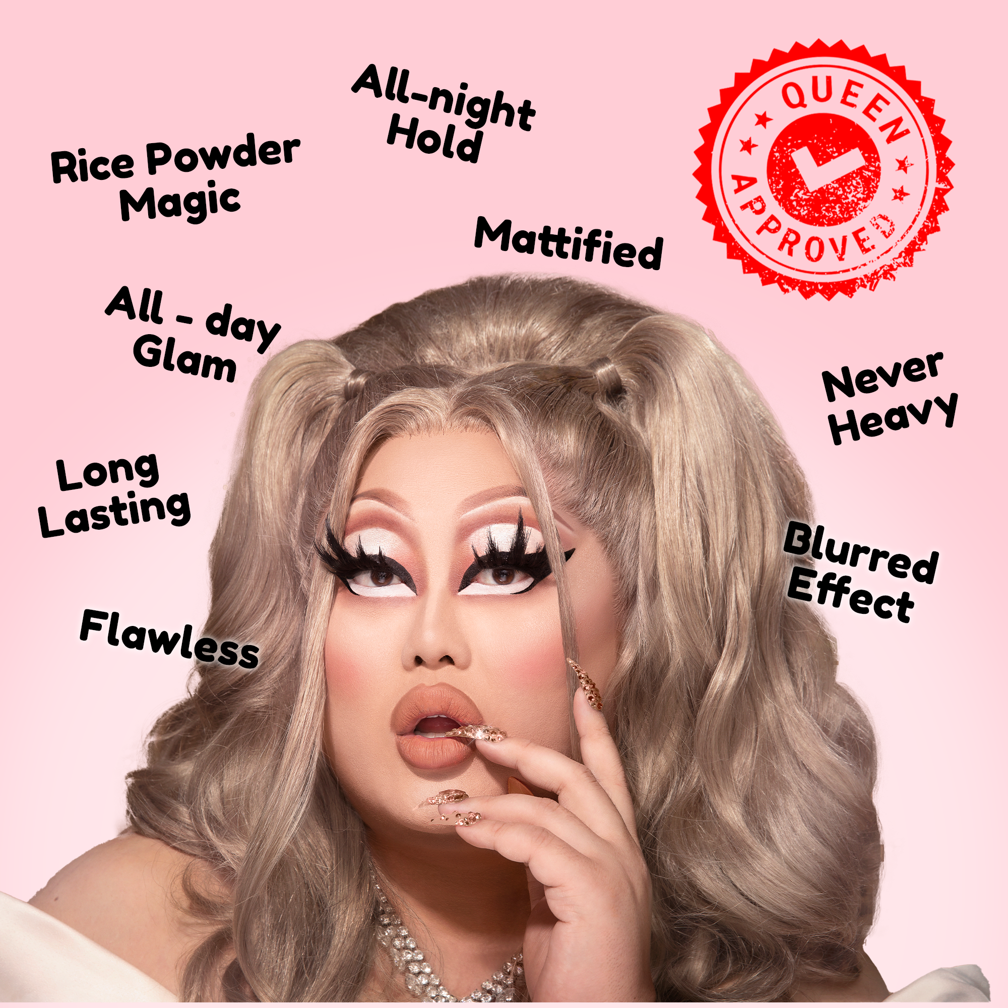 Drag makeup product featuring rice powder for all-day, long-lasting, matte, and flawless finish.