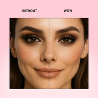 Before and after makeup application showcasing enhanced features and flawless skin.