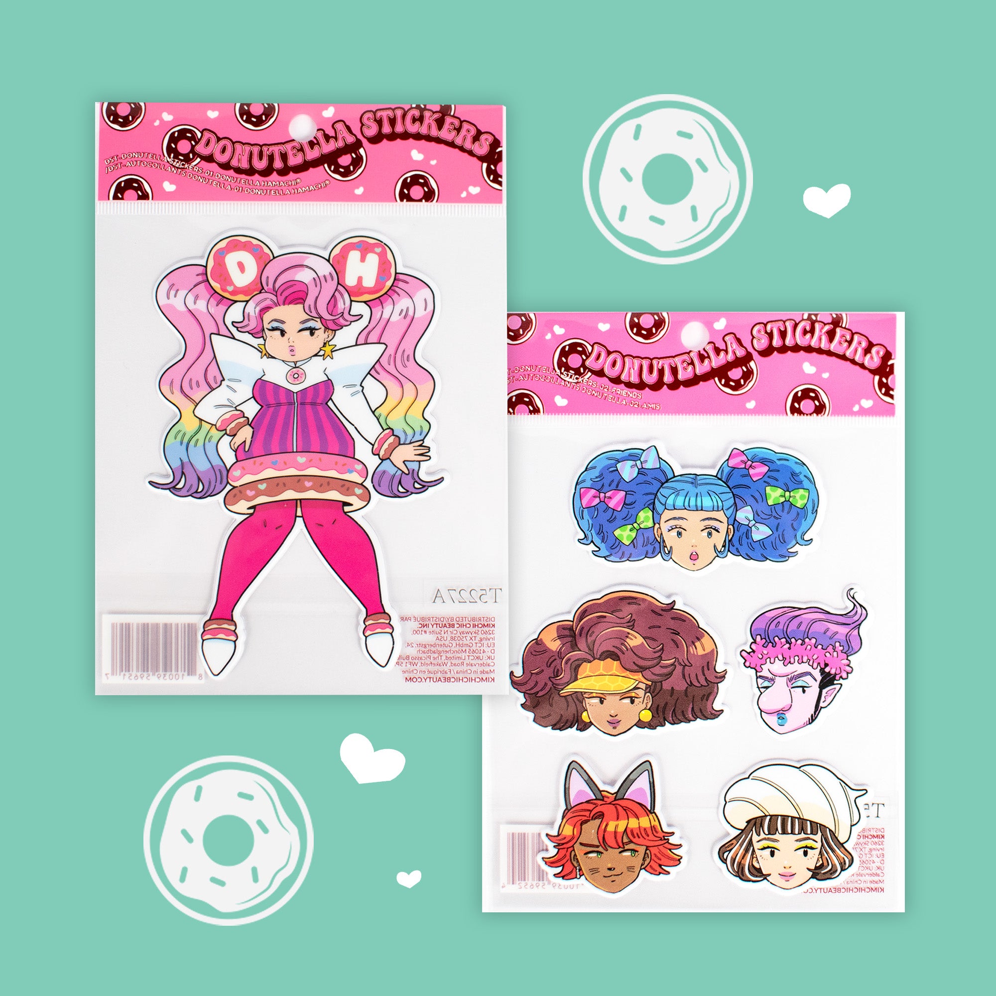 Colorful sticker sheets featuring illustrated characters and designs with a donut theme