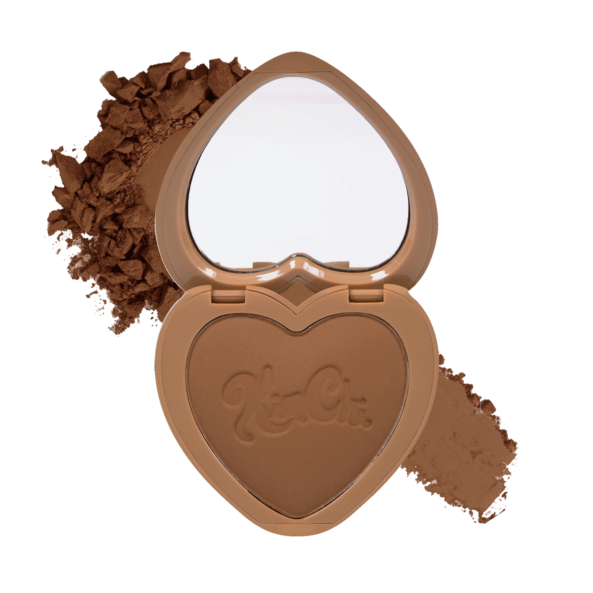 Heart-shaped matte bronzer in warm brown shade with compact mirror, ideal for contouring and bronzing.