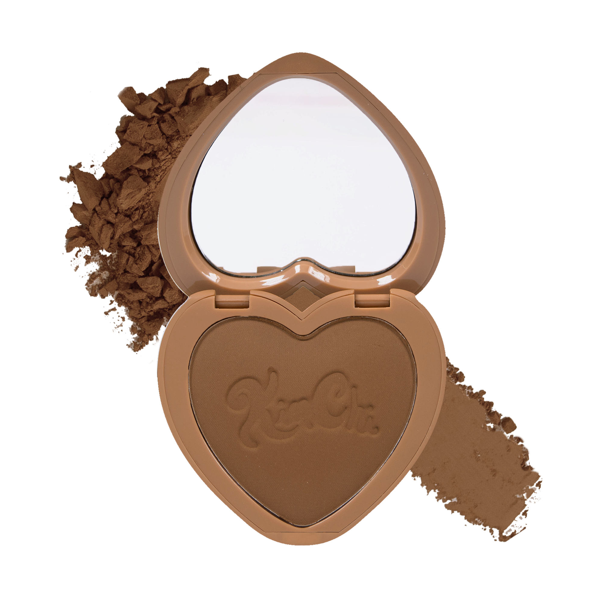 Heart-shaped bronzer with mirror, rich brown shade, blending smoothly for a sun-kissed look.