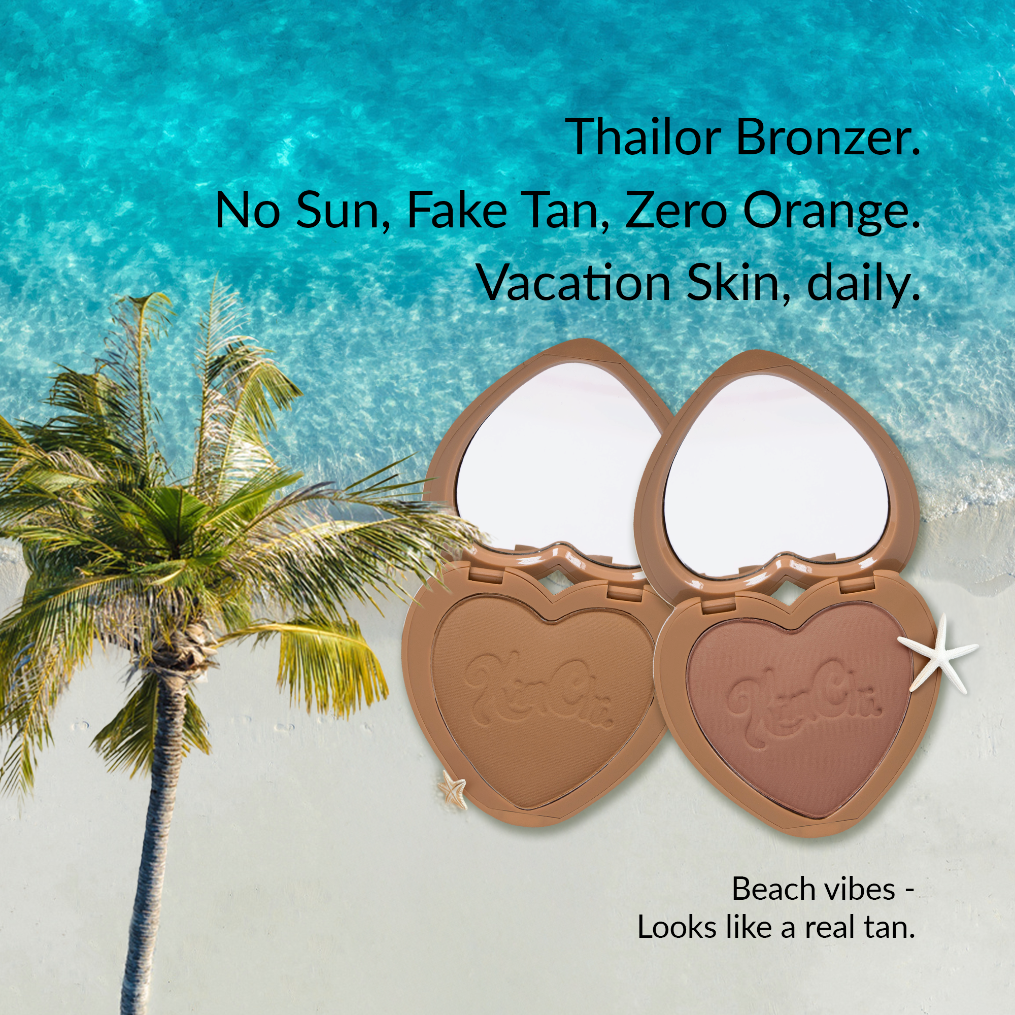 Thailor Bronzer, heart-shaped compact, natural tan look, no sun, lightweight, perfect for daily use.