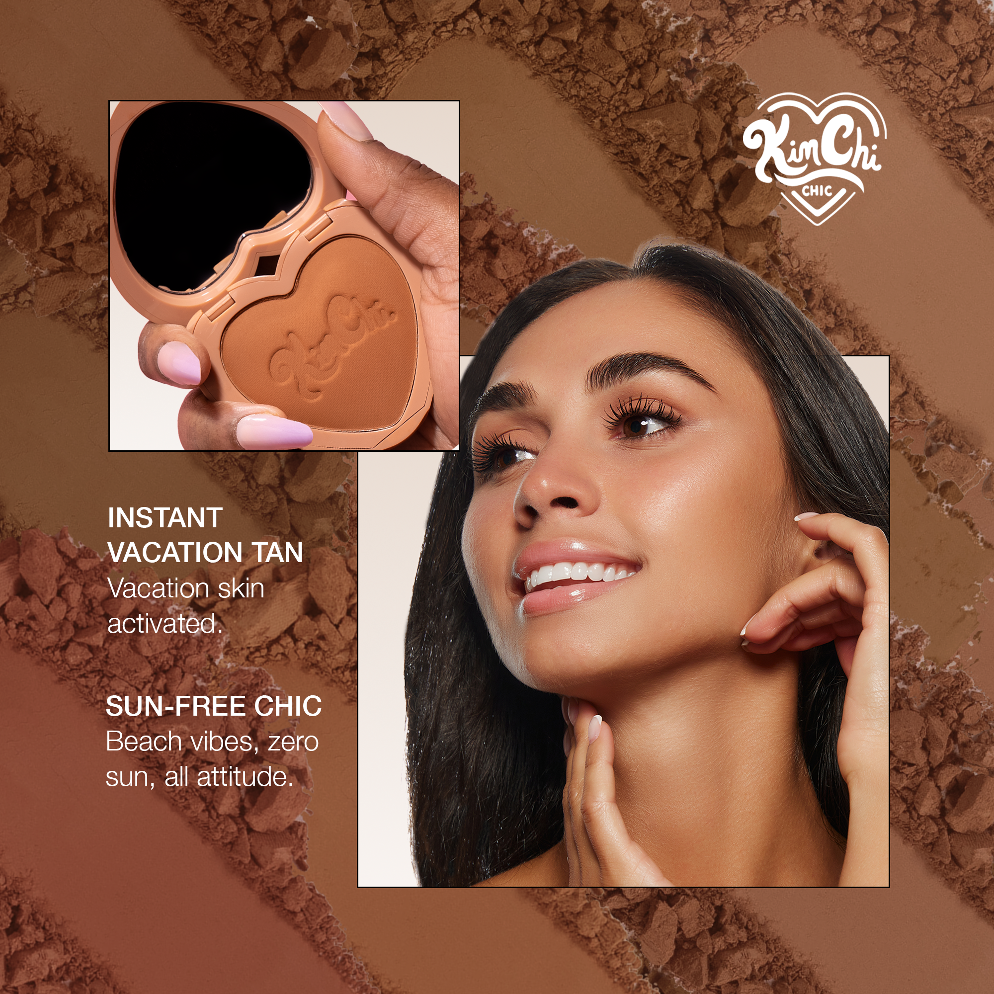 KimChi Chic Instant Vacation Tan, heart-shaped bronzer, sun-free, warm brown shade for a radiant glow.