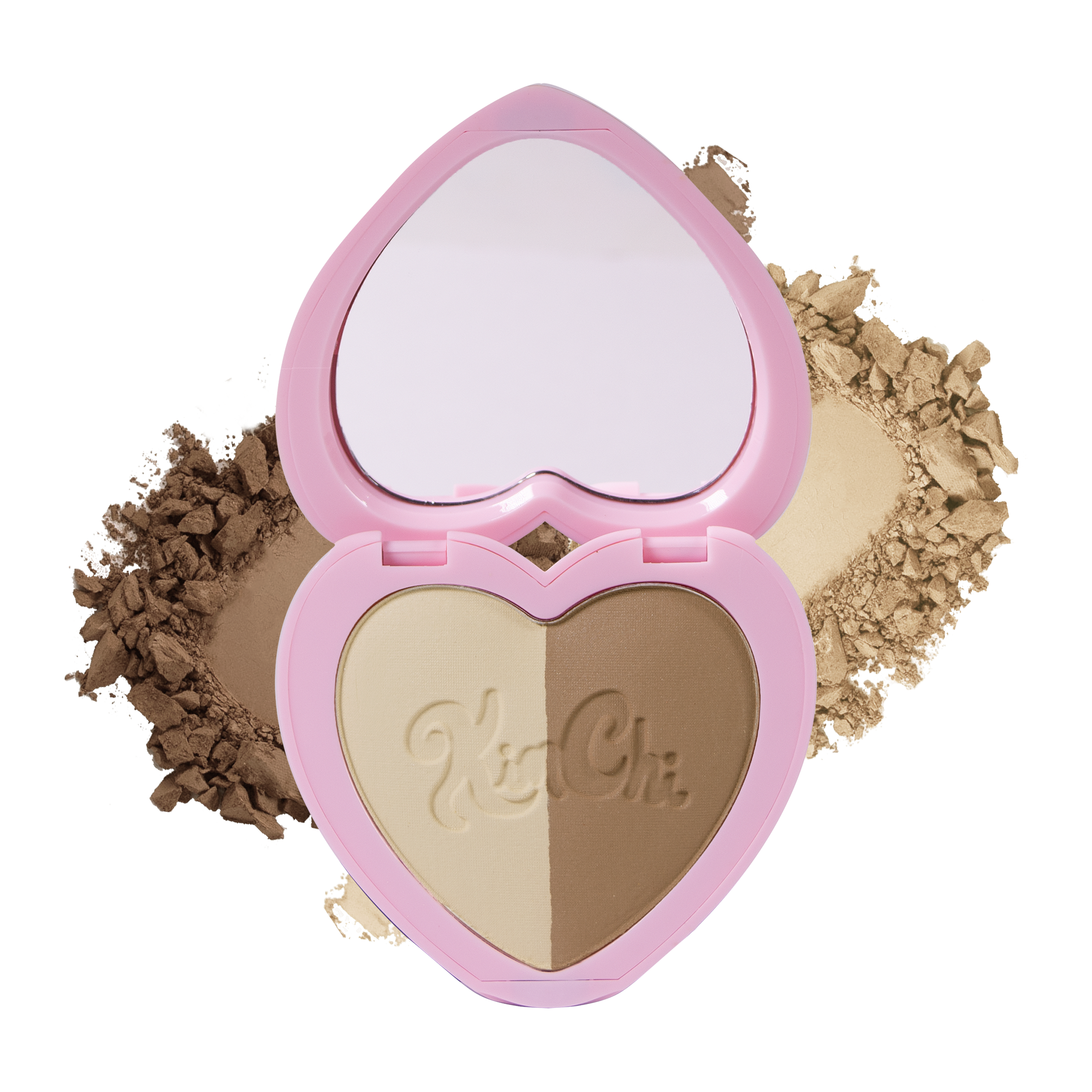 Heart-shaped bronzer compact with mirror, featuring three neutral shades for contouring and highlighting.