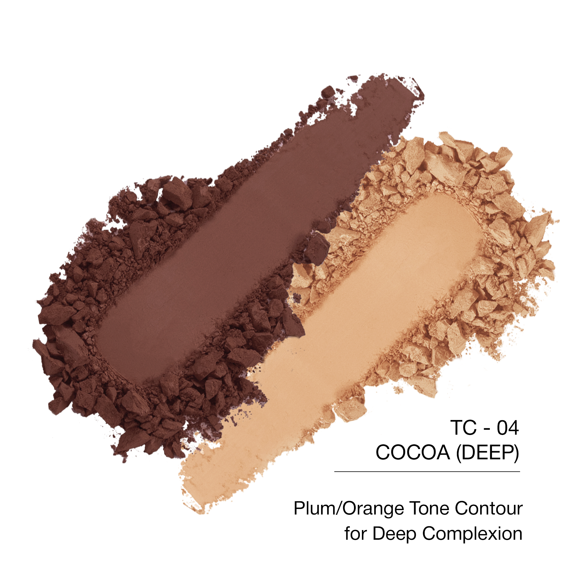 Cocoa Deep contour powder in plum/orange tones for deep skin, finely milled for smooth application.