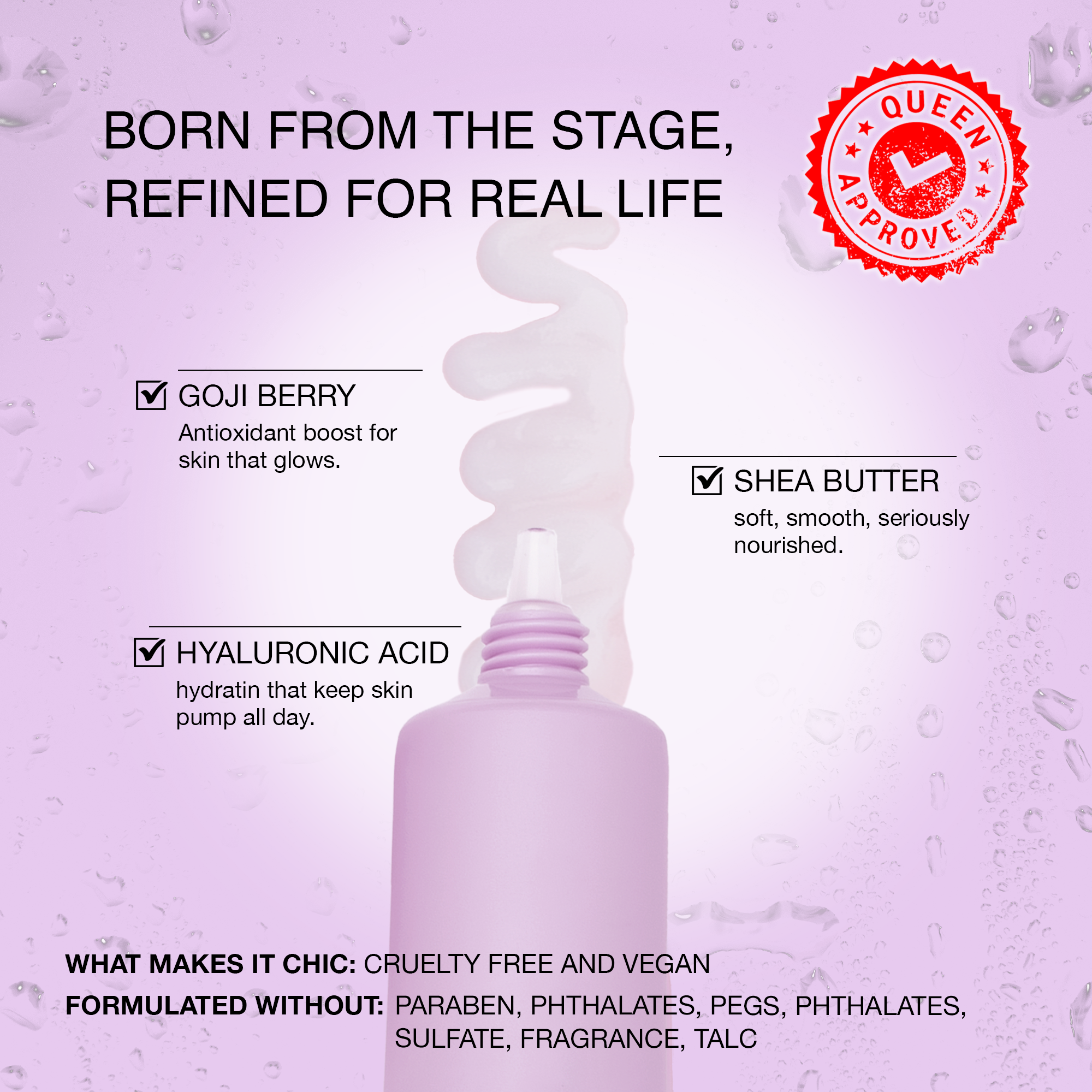 Vegan skincare serum with goji berry, shea butter, and hyaluronic acid in a purple bottle.