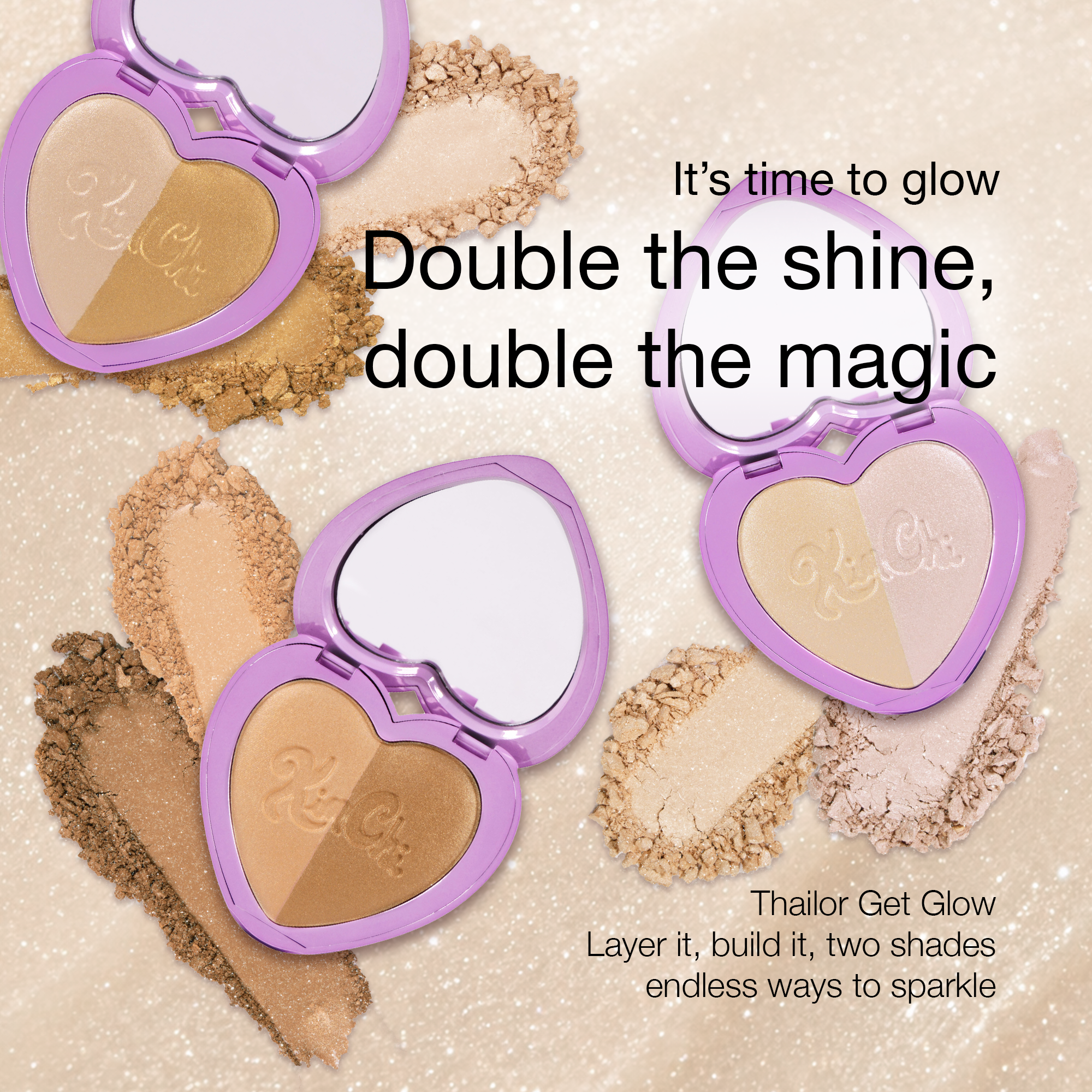 Heart-shaped highlighter compact with two shimmering shades in gold and beige for a radiant glow.