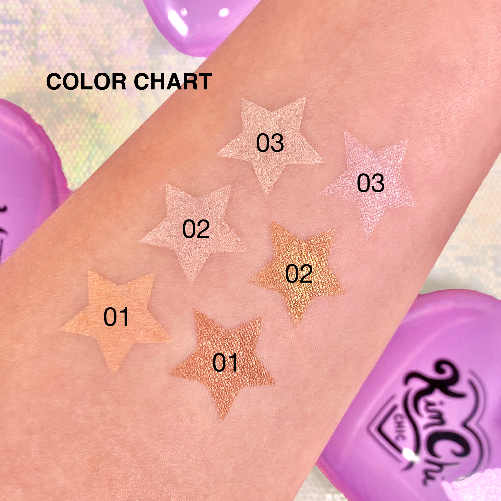 Star-shaped glitter swatches in 6 shades: shimmering pink, gold, and peach on light skin tone.