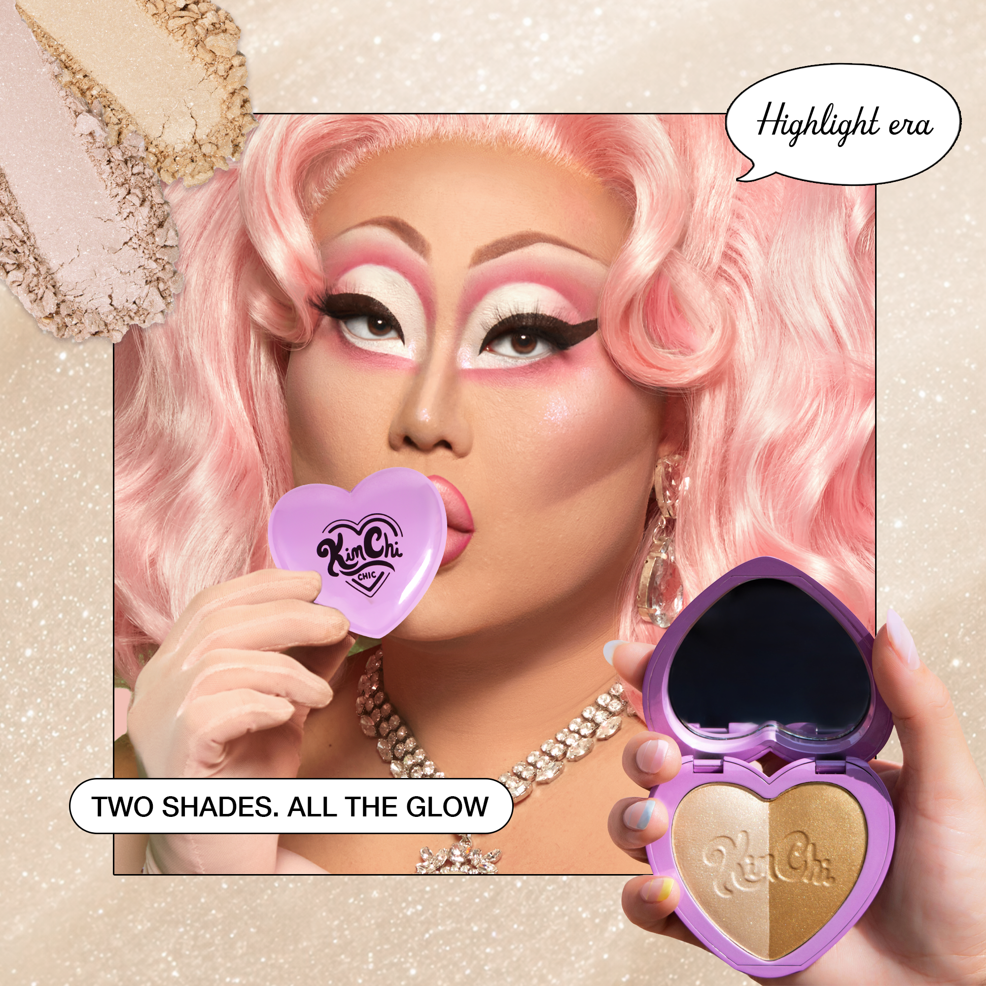 KimChi Chic highlighter compact with two shades in heart-shaped case, perfect for glowing makeup looks.