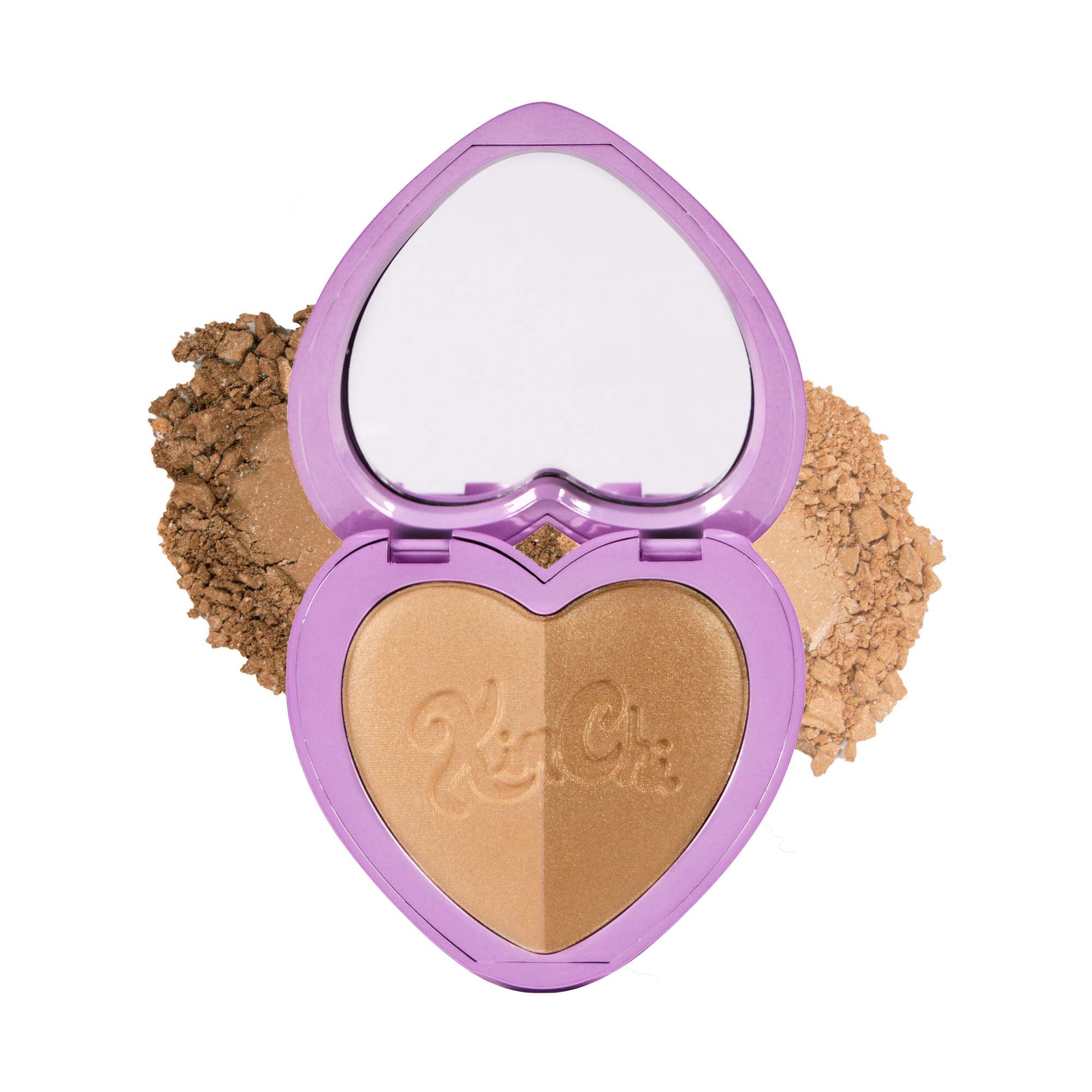 Heart-shaped bronzer compact in light brown and gold, featuring creamy powder and a mirror.
