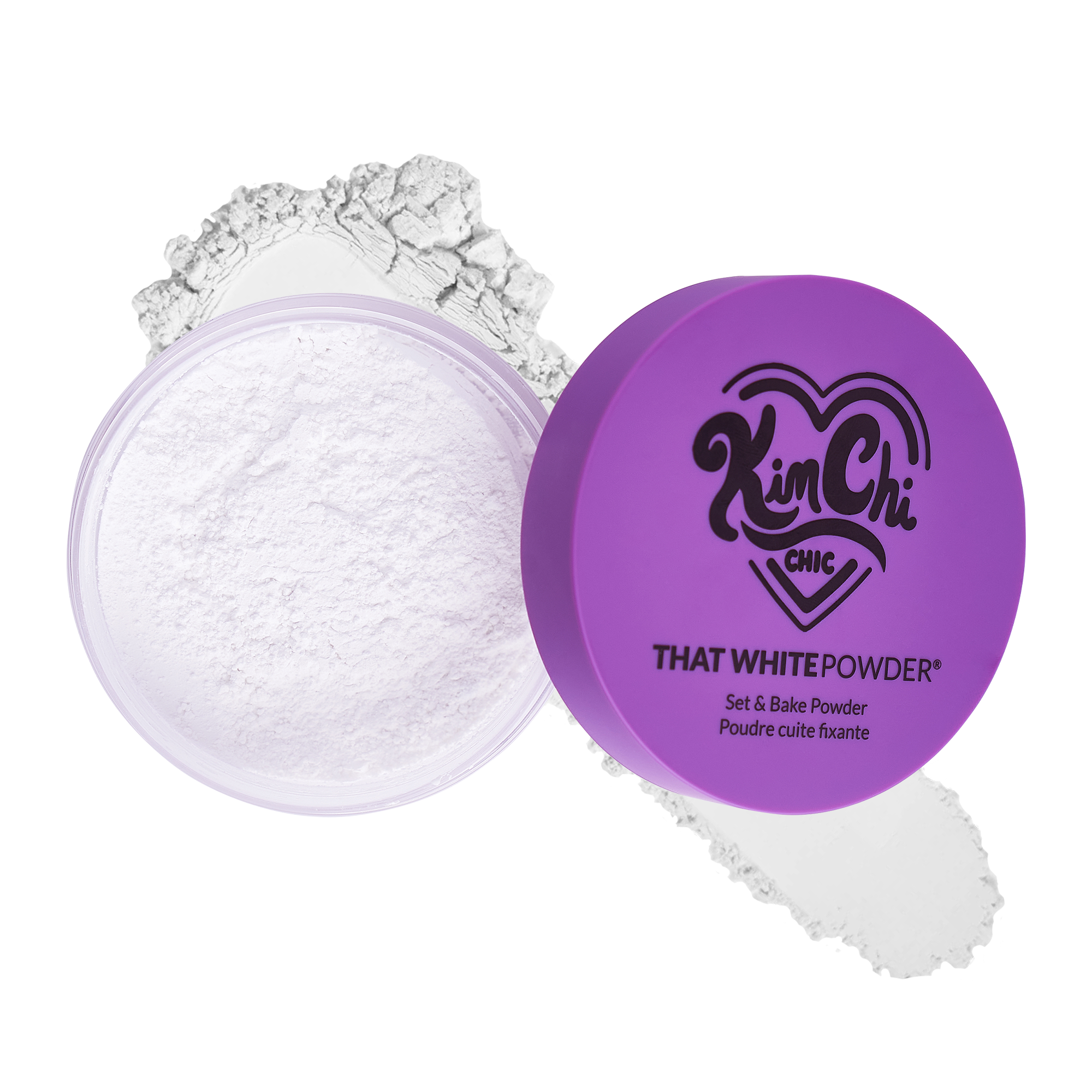 That White Powder® by Kim Chi, lightweight setting powder in a purple container, ideal for baking makeup.
