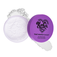 That White Powder® by Kim Chi, lightweight setting powder in a purple container, ideal for baking makeup.