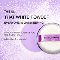KimChi Chic Beauty white setting powder in a clear jar with a lavender ribbon, perfect for flashback-free looks.