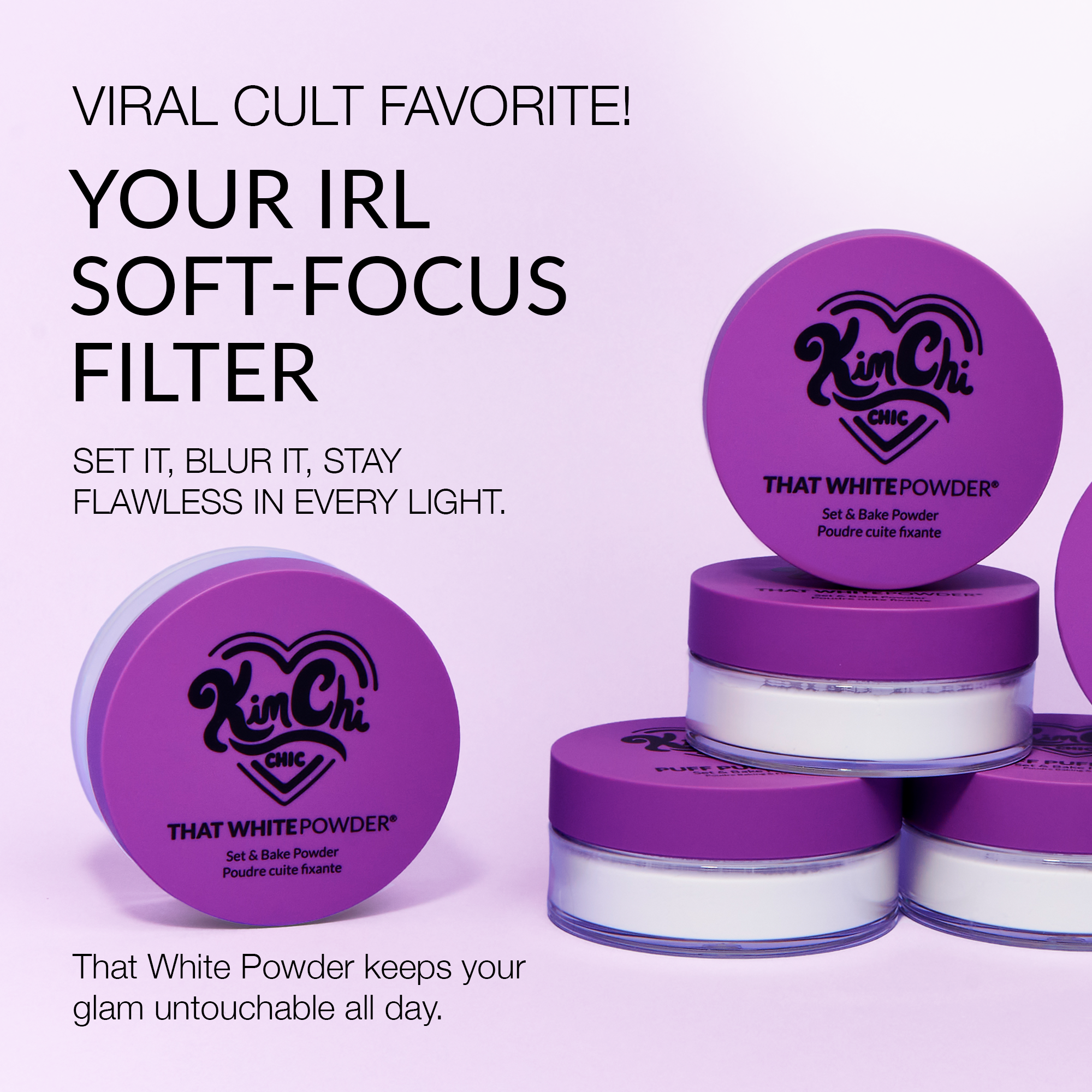 Kim Chi That White Powder, purple set and bake powder for a soft-focus finish, keeps your glam flawless all day.