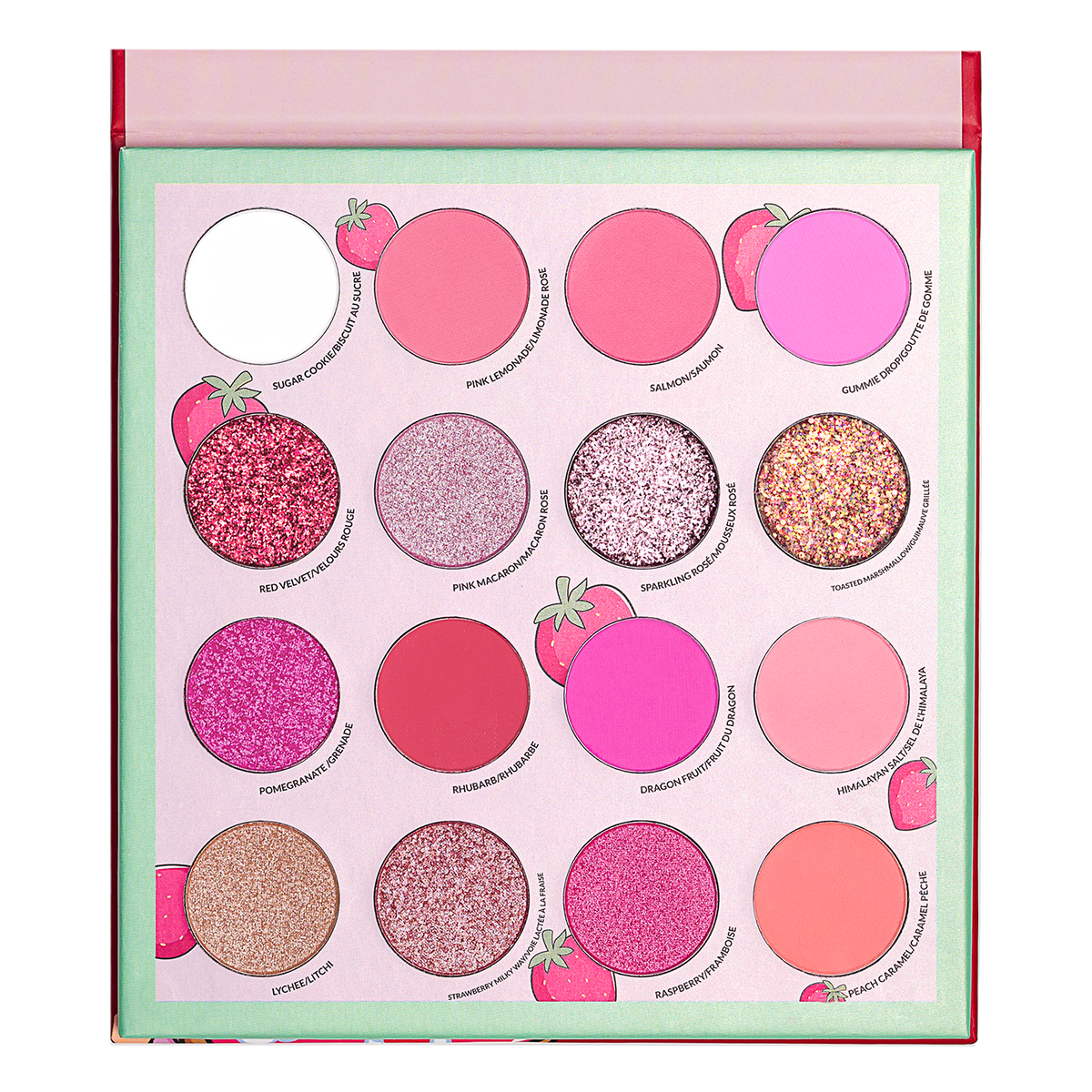 Colorful eyeshadow palette with various pink and glittery shades
