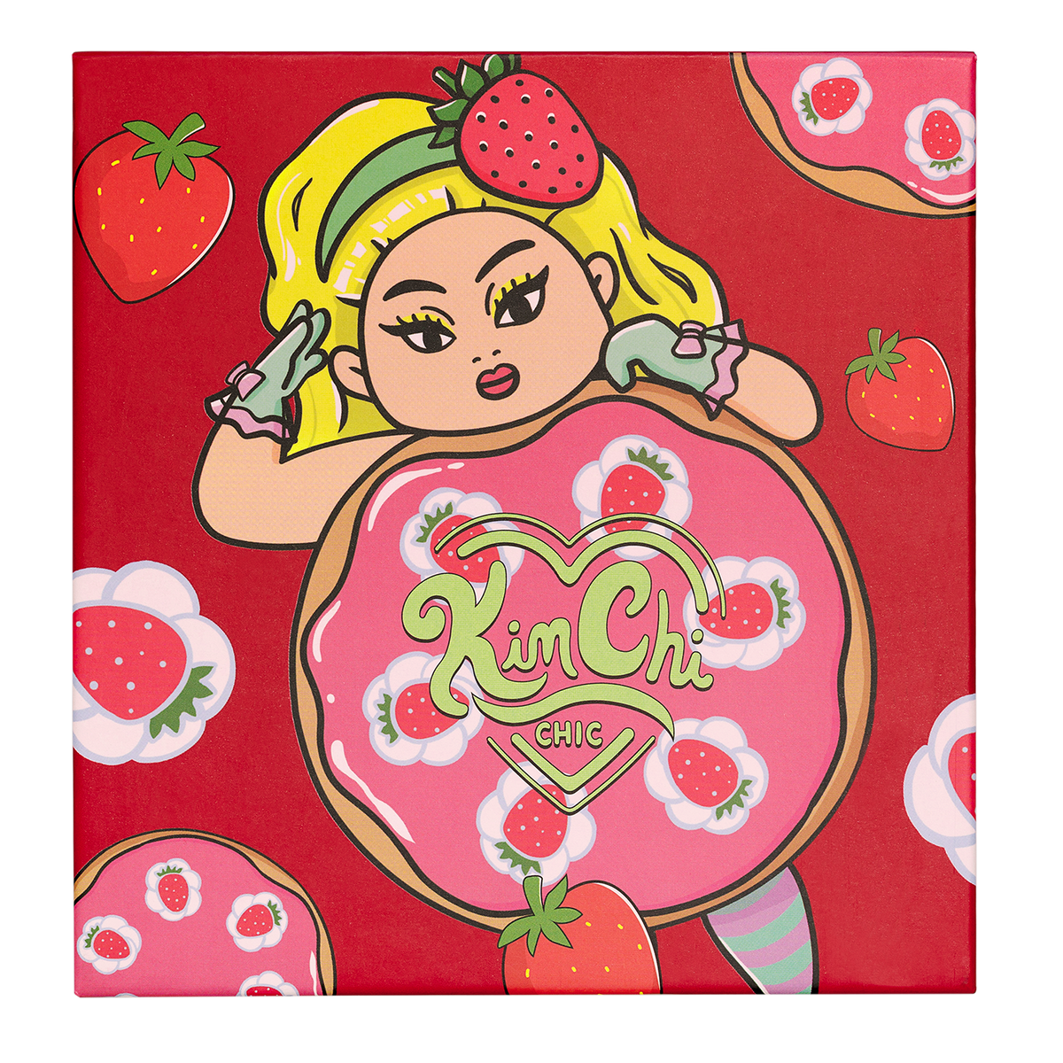 Cartoon character on a red background with strawberries and the text 'Kim Chi Chic'.
