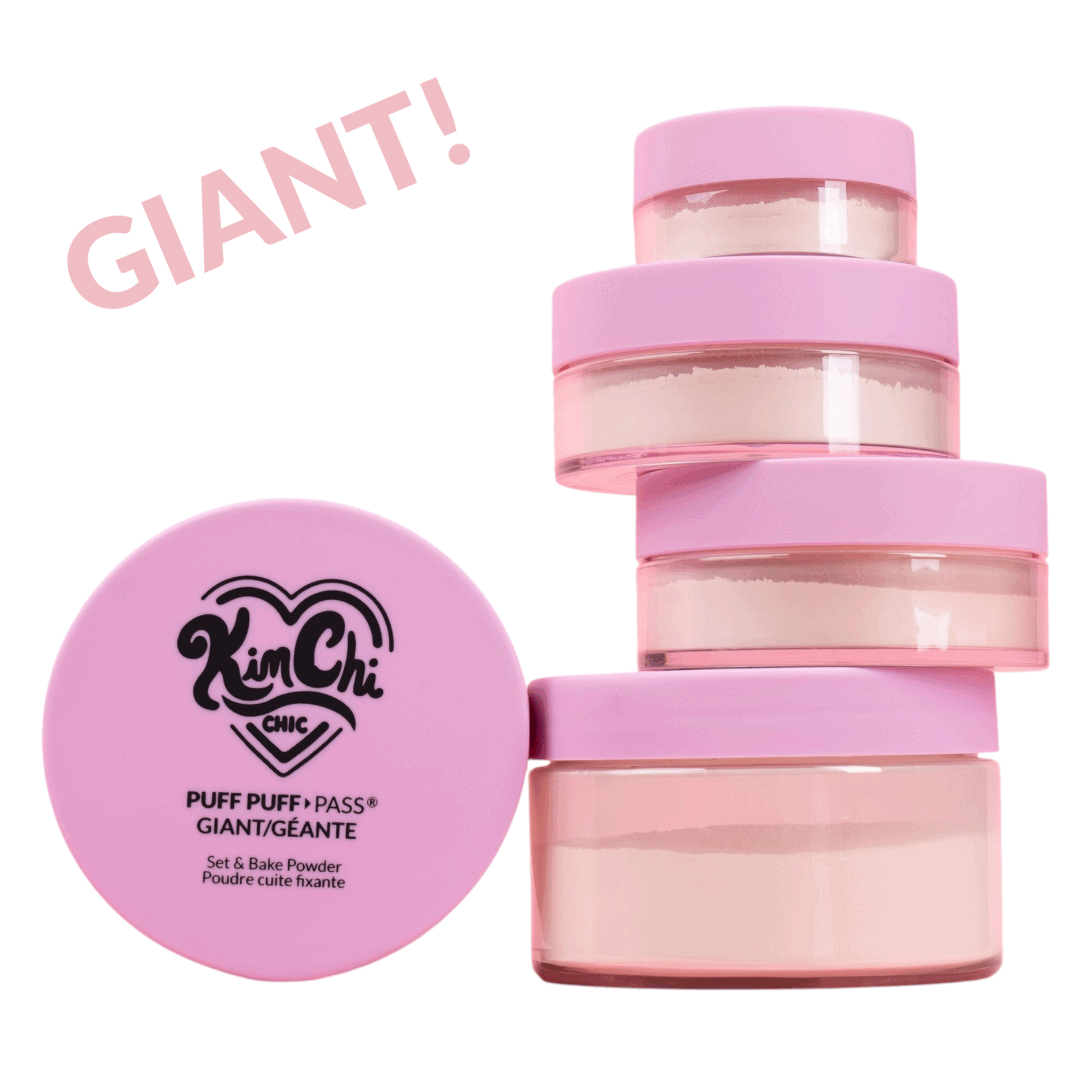 A stack of pink-capped jars of Kim Chi Puff Puff Pass setting powder, with a label that reads 'GIANT!'