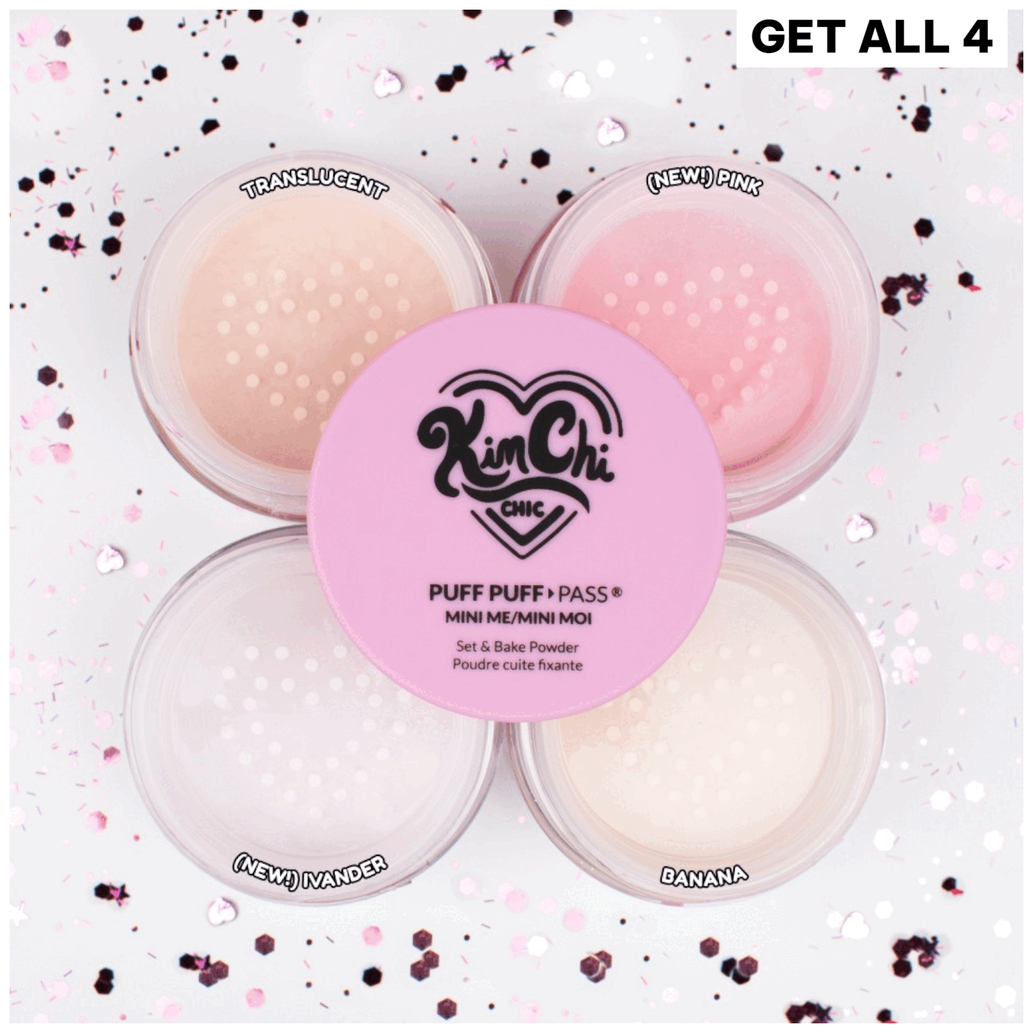 Four containers of loose setting powder in different shades, with branding and a pink heart design.