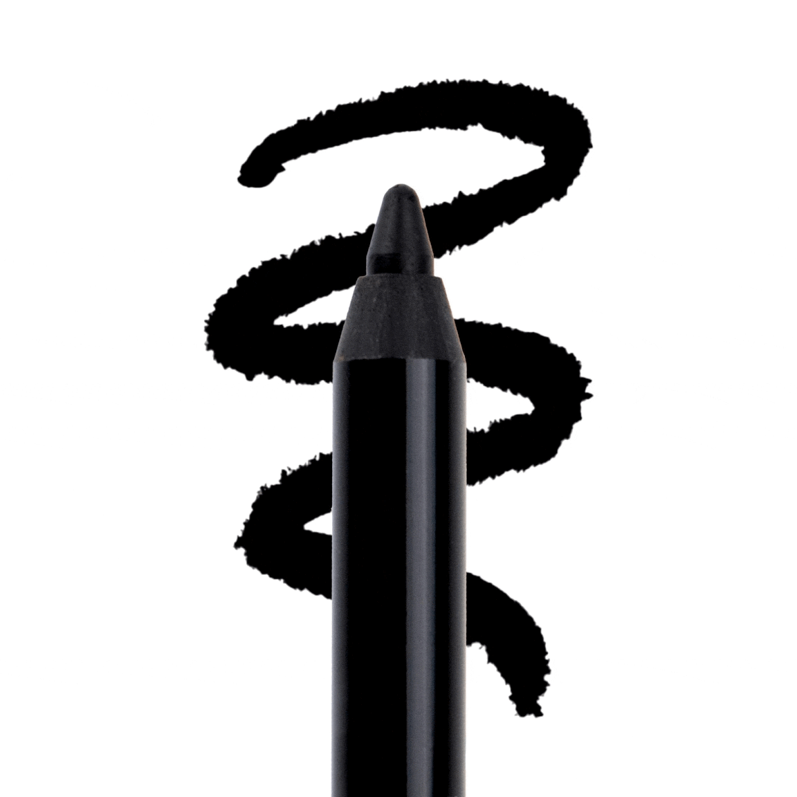 Close-up of a black crayon with a swirling line drawn beside it.