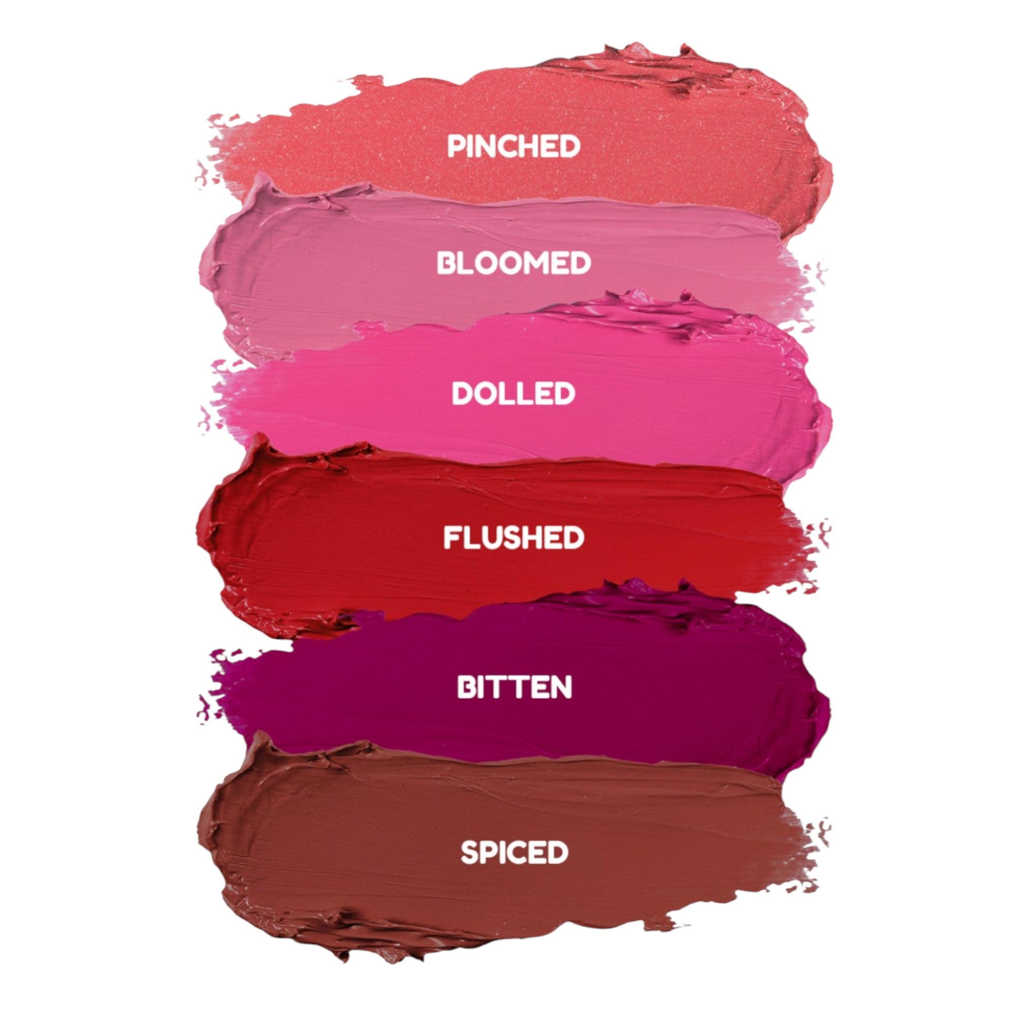 Color swatches showing various shades labeled as Pinched, Bloomed, Dolled, Flushed, Bitten, and Spiced.