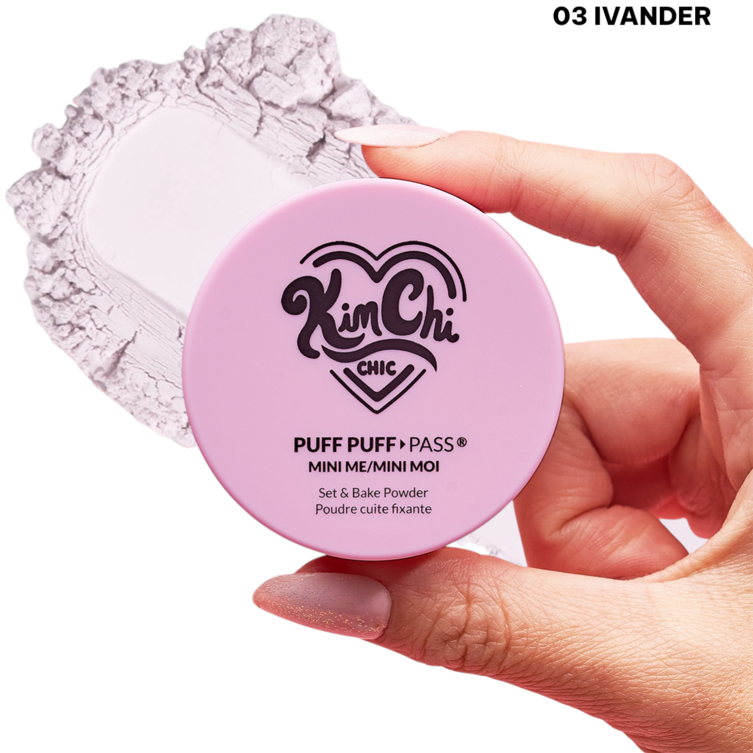 Hand holding a pink container of Kim Chi Puff Puff Pass mini baking powder with decorative background.