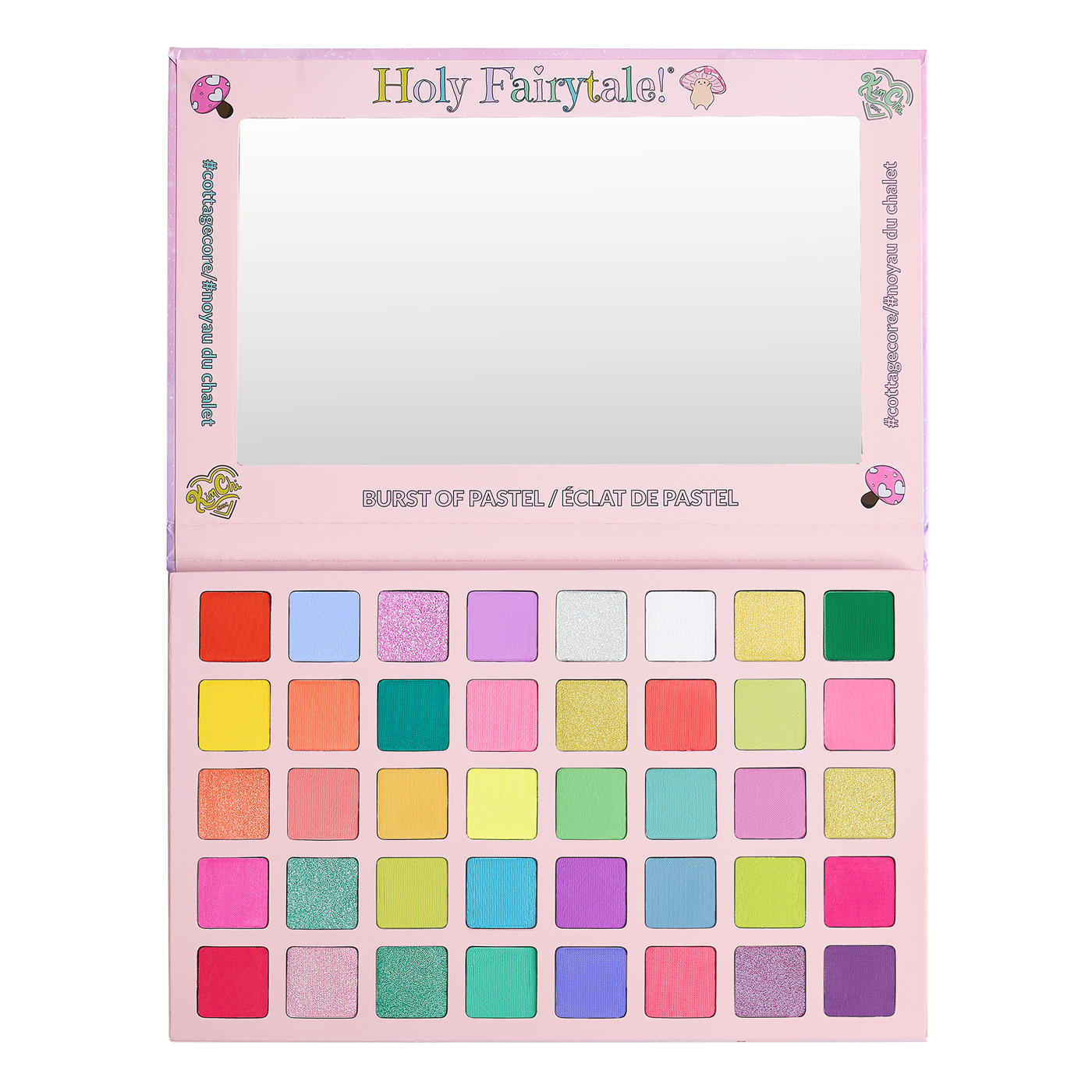 Open makeup palette with various pastel eyeshadows and a mirror